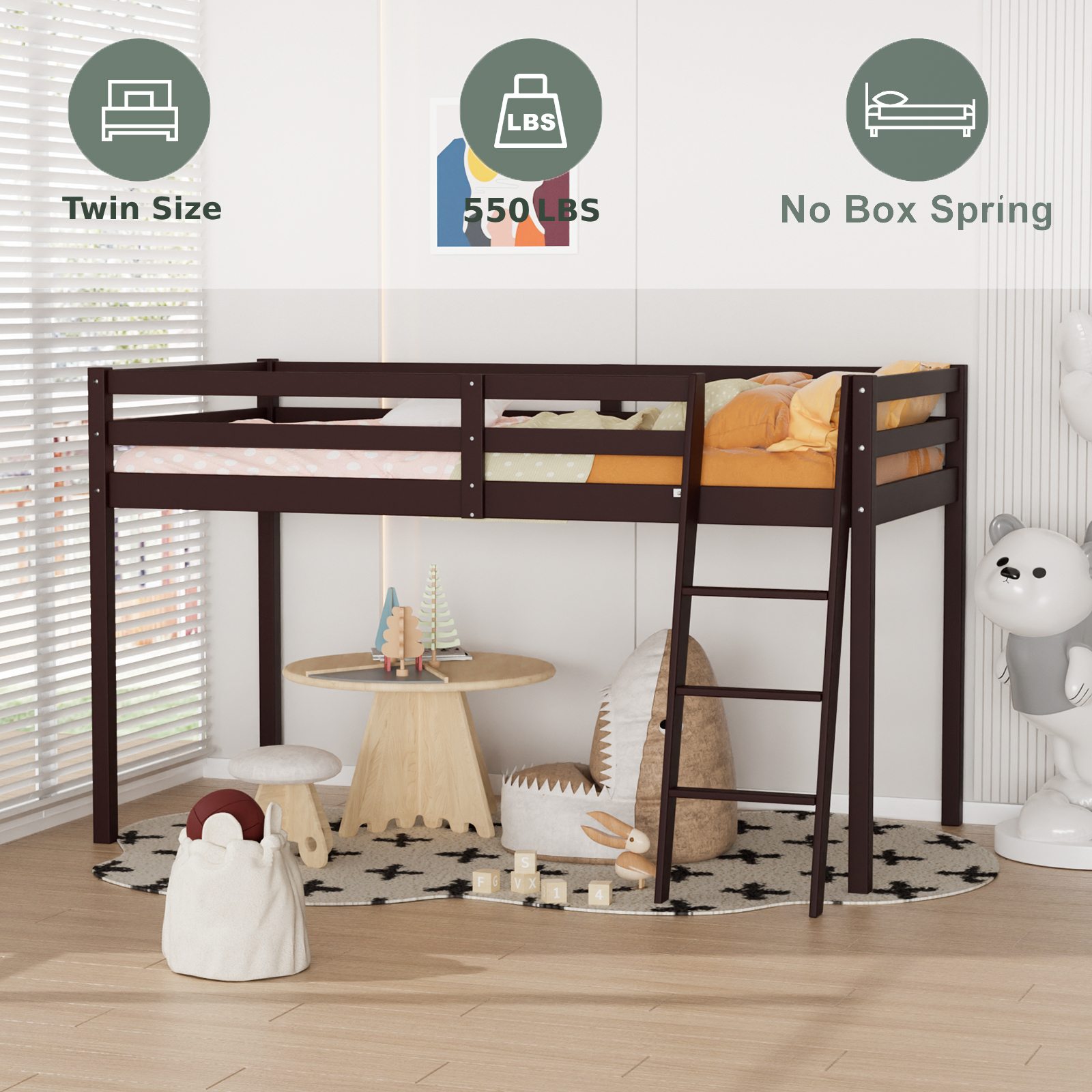Loft Bed Frame with Inclined Stair Wood Junior Low Loft for Kids Teens Adults