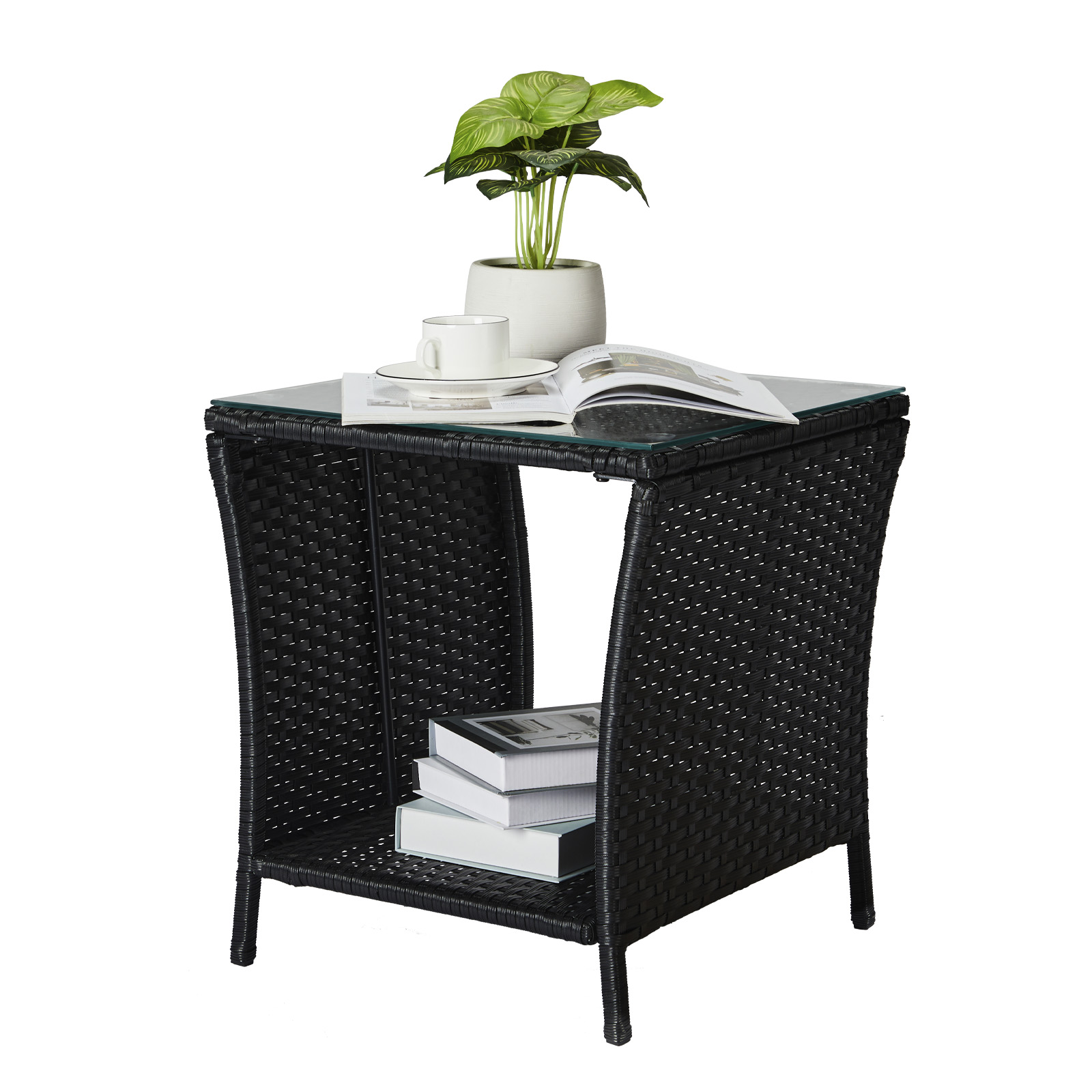 Outdoor Side End Table Patio Rattan Wicker Glass Top Coffee Table with Storage