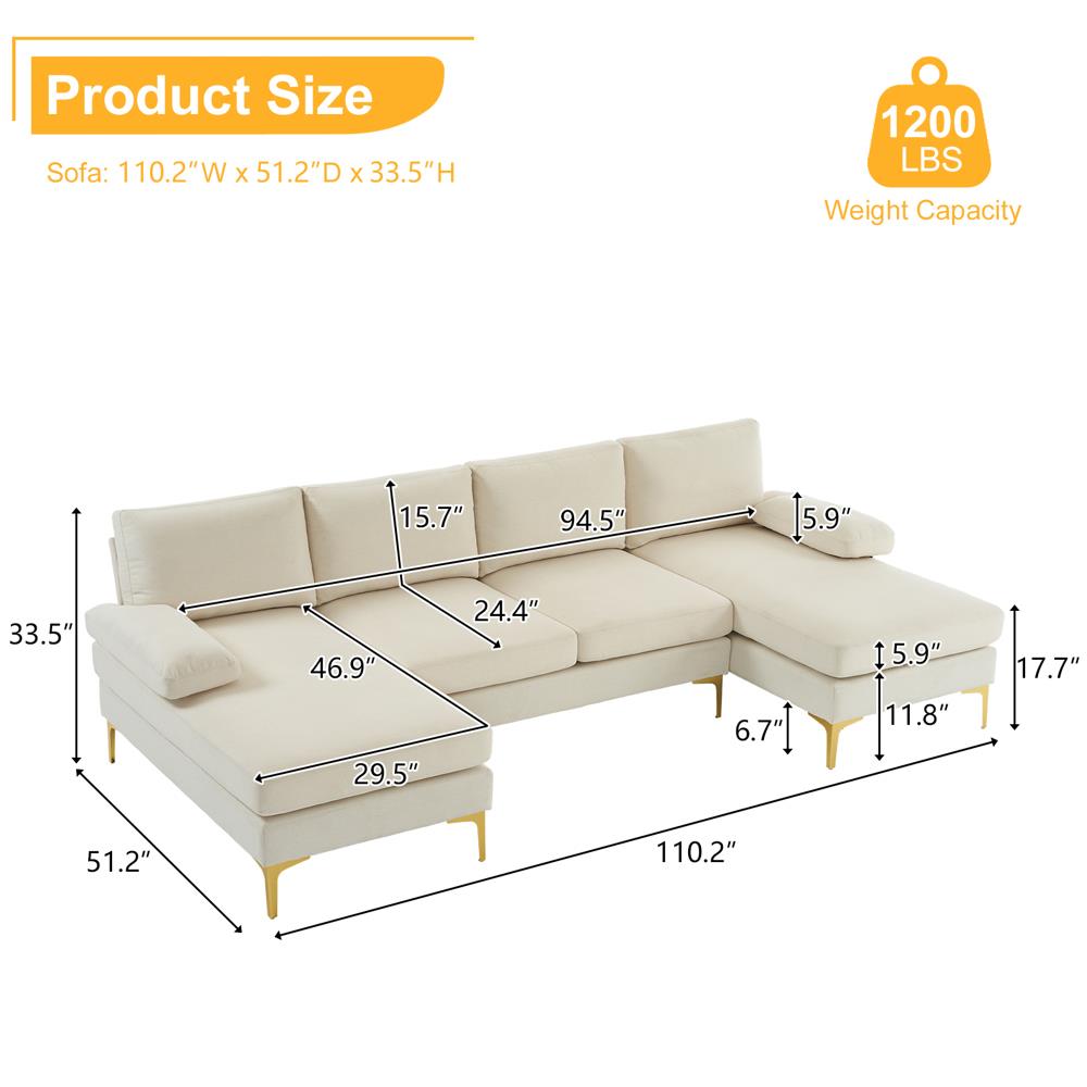 Modern Large Sectional Sofa U-Shape Couch with 2 Chaise Sturdy Metal Leg 3 Color - Picture 15 of 26
