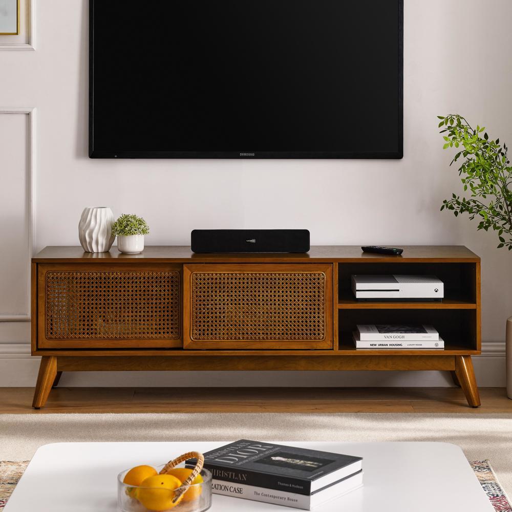 59 Inch Mid Century Modern Rattan TV Stand Entertainment Cabinet for 65 Inch TV