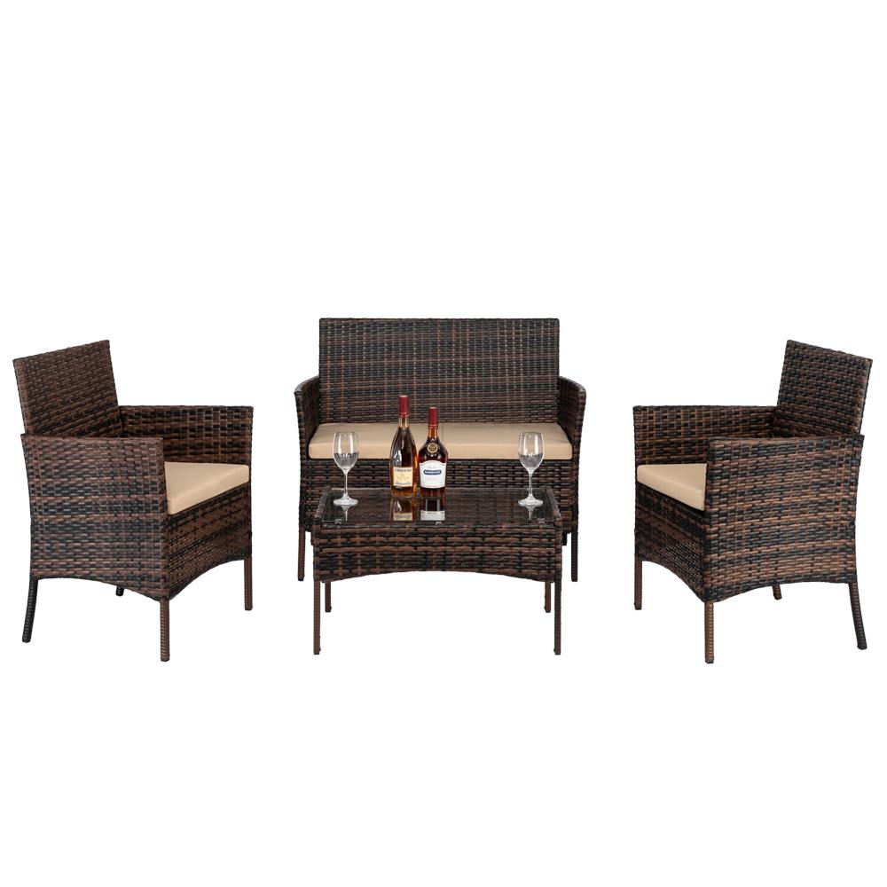 4 Pcs Outdoor Patio Lawn Sofa Set Rattan Wicker Furniture Table w/ Cushion