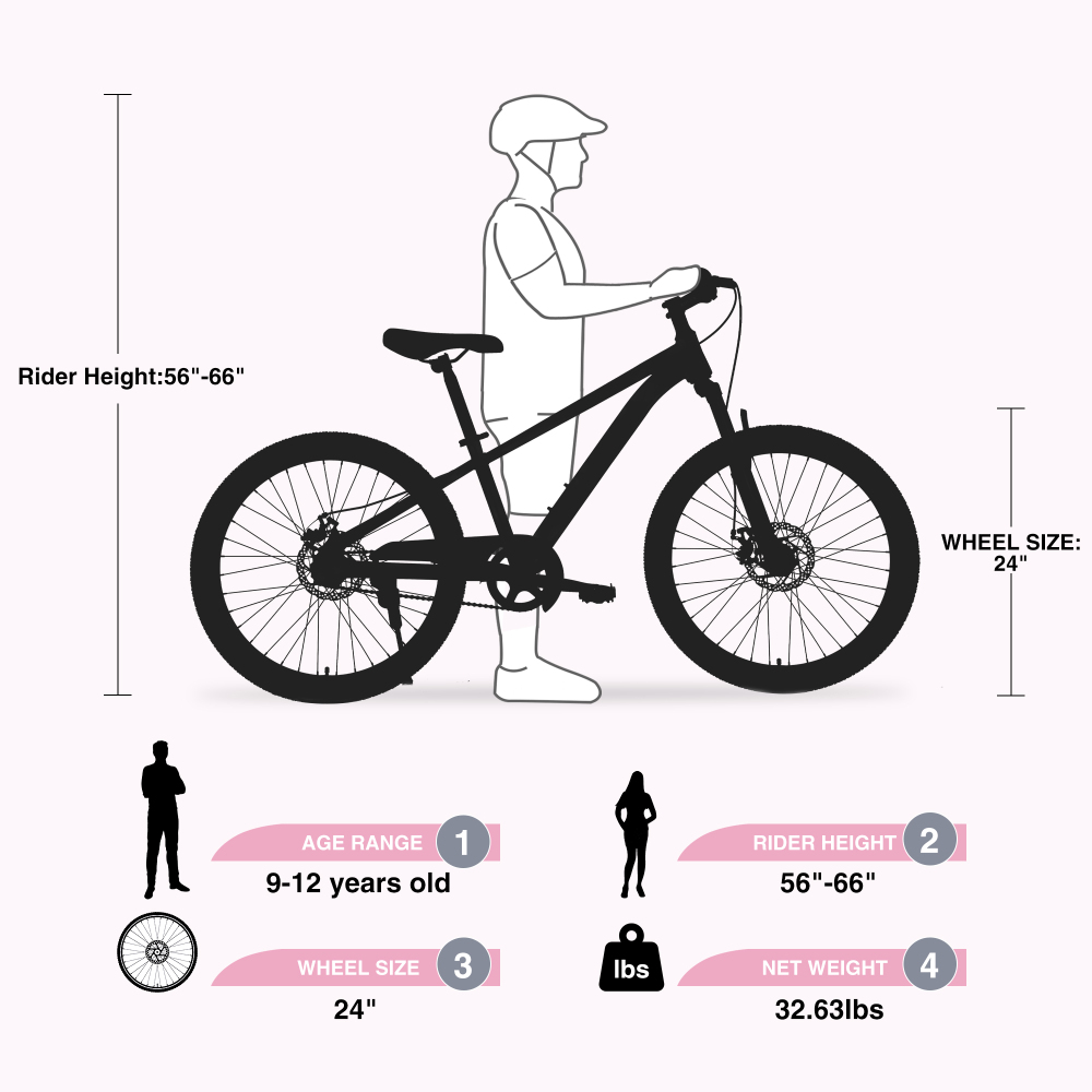 24 Inch Mountain Bike for Age 9-12 Years Boys and Girls Multiple Colors
