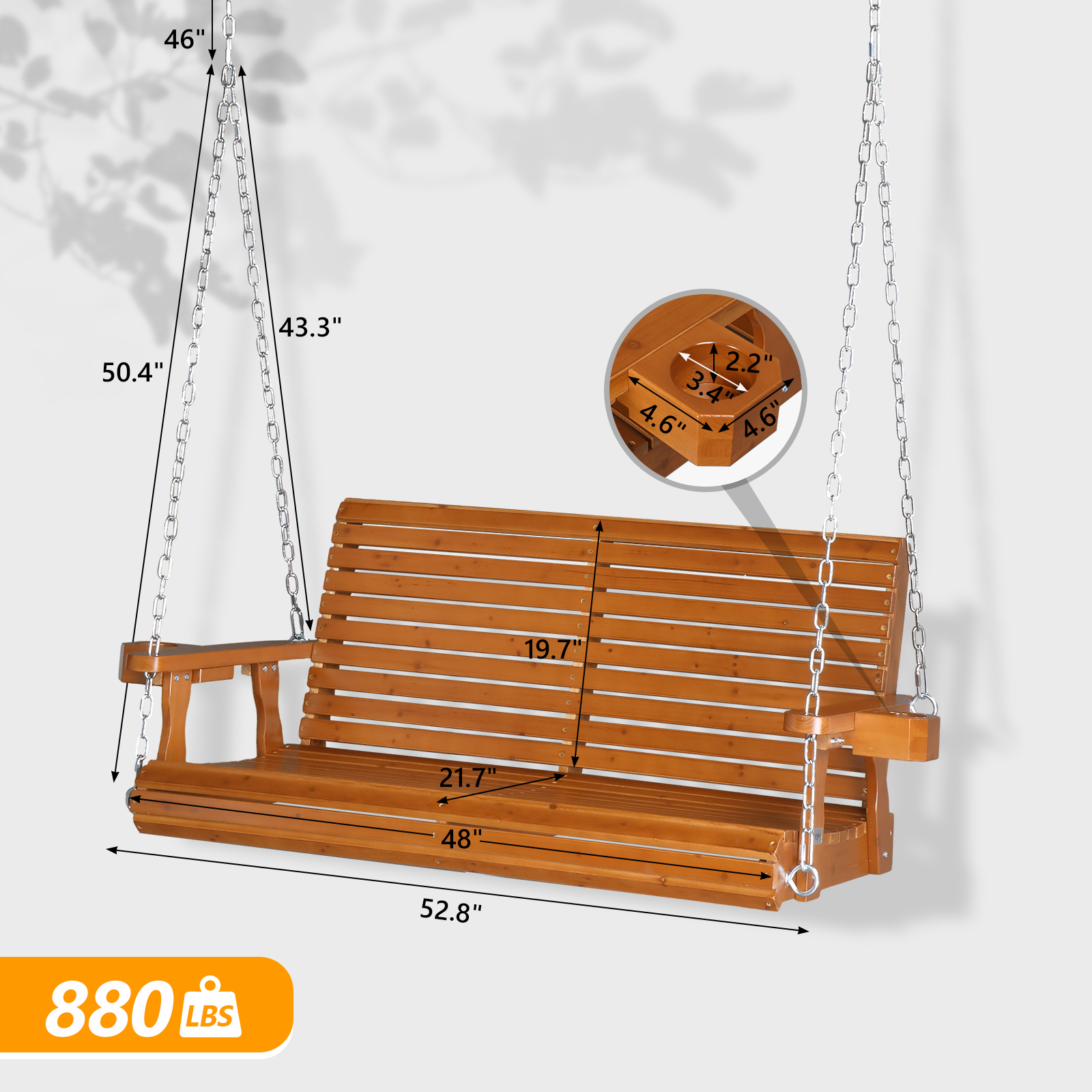 4FT Wooden Porch Swing Outdoor Patio Bench Heavy Duty 880 LB Hanging Garden Yard