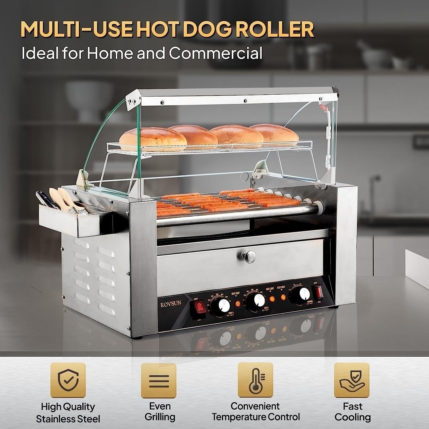 ROVSUN 18/30 Hot Dog Sausage 7/11 Roller Grill Cooker Machine w/Warmer Shelf New