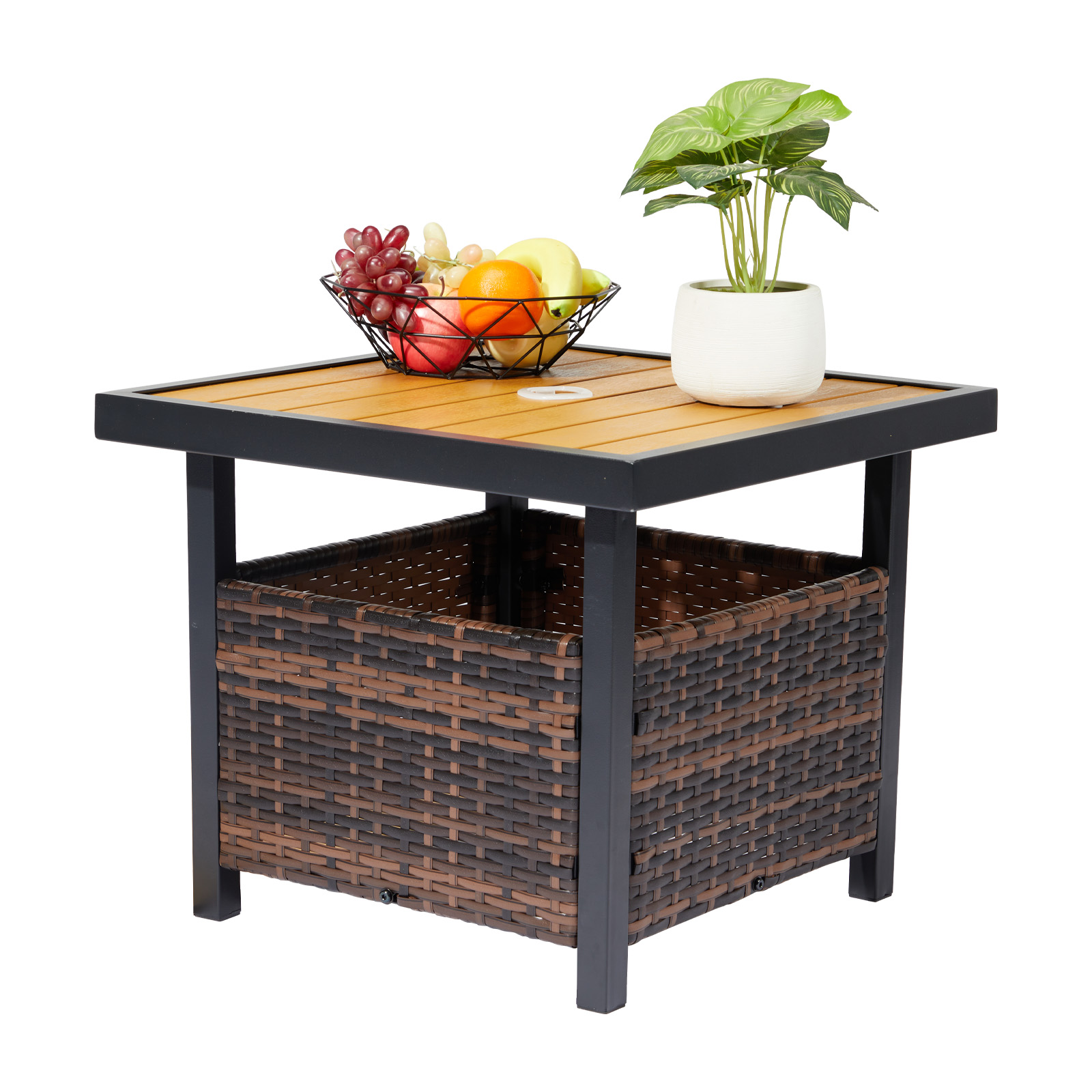Outdoor Patio Wicker Storage Space Side End Table with Umbrella Hole Brown/Gray