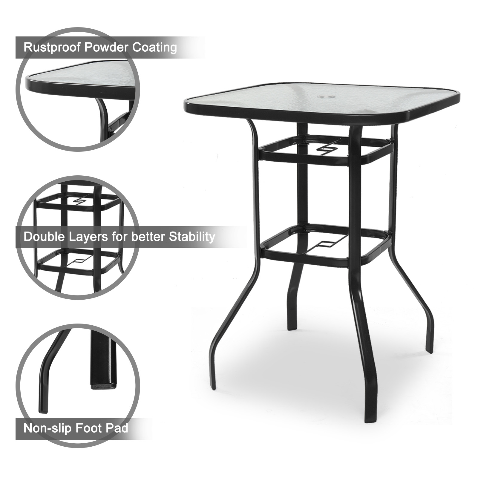 Outdoor Patio Bistro Table, Bar Height Sturdy Counter Tall Table Tempered Glass