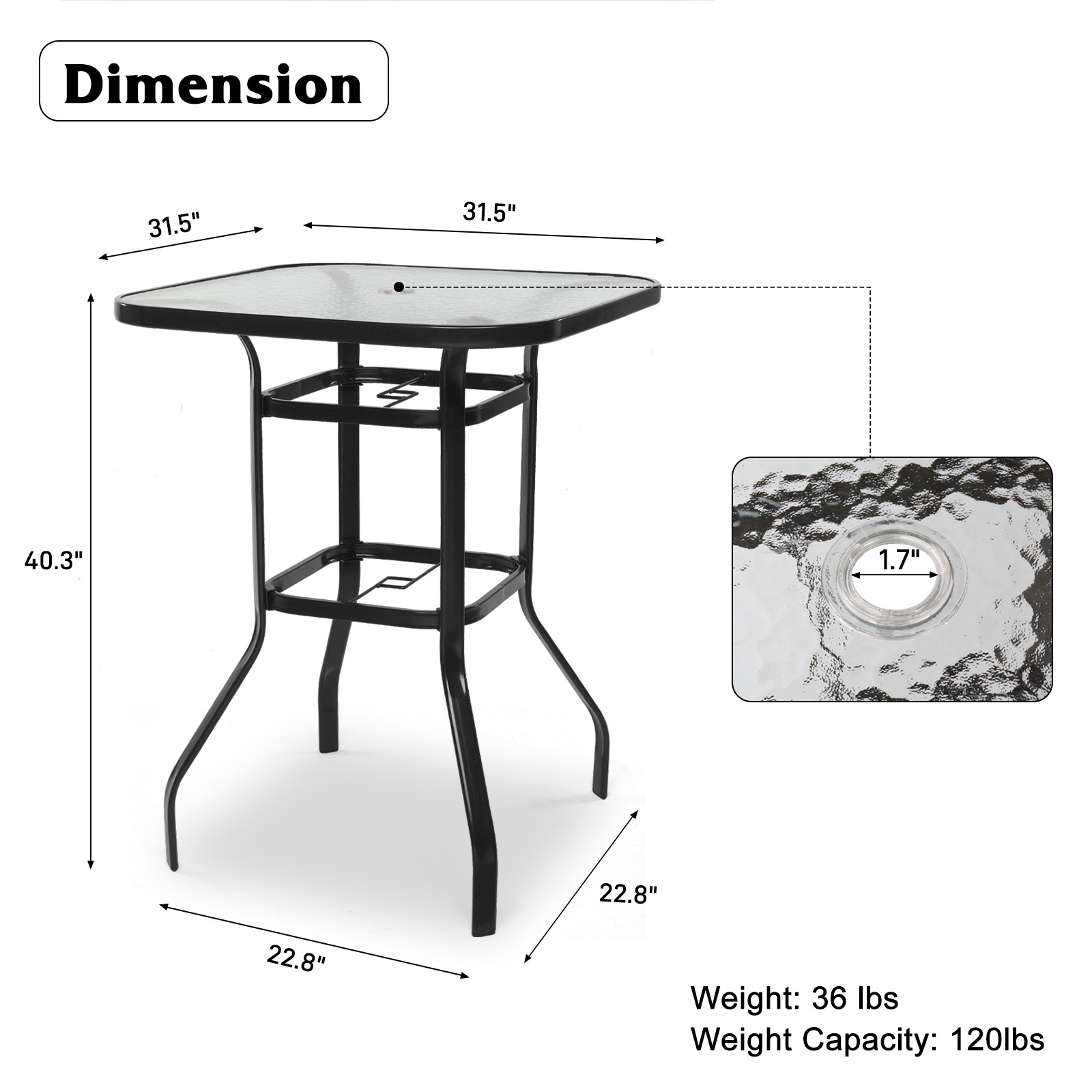 Outdoor Patio Bistro Table, Bar Height Sturdy Counter Tall Table Tempered Glass