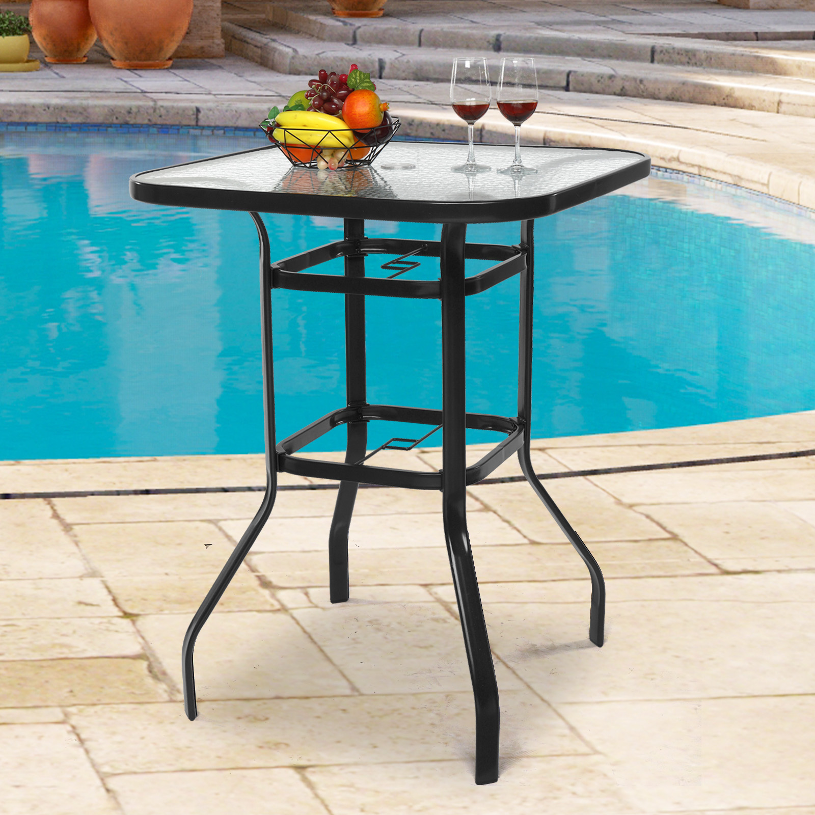 Outdoor Patio Bistro Table, Bar Height Sturdy Counter Tall Table Tempered Glass