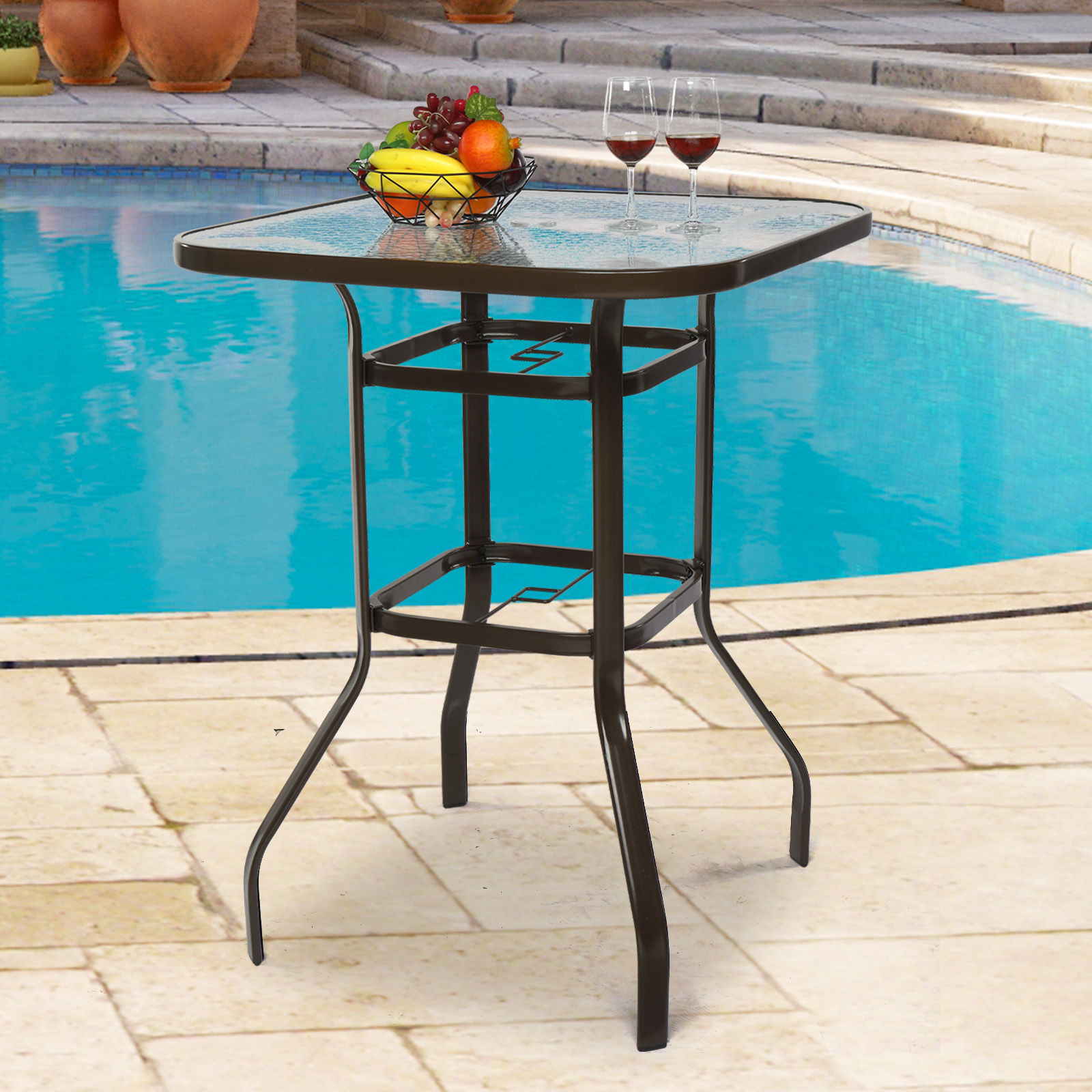 Outdoor Patio Bistro Table Bar Height Counter Square Table W/Tempered Glass - Picture 17 of 17