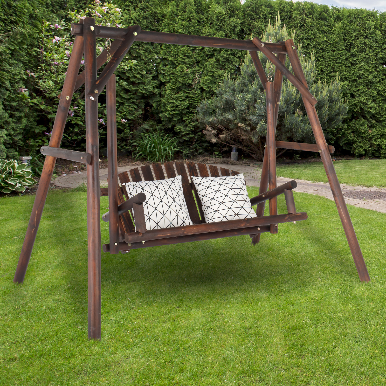 6.5ft Rustic Hardwood Garden Swing with Stand A-Frame Design for Lawn Patio Deck - Picture 7 of 8