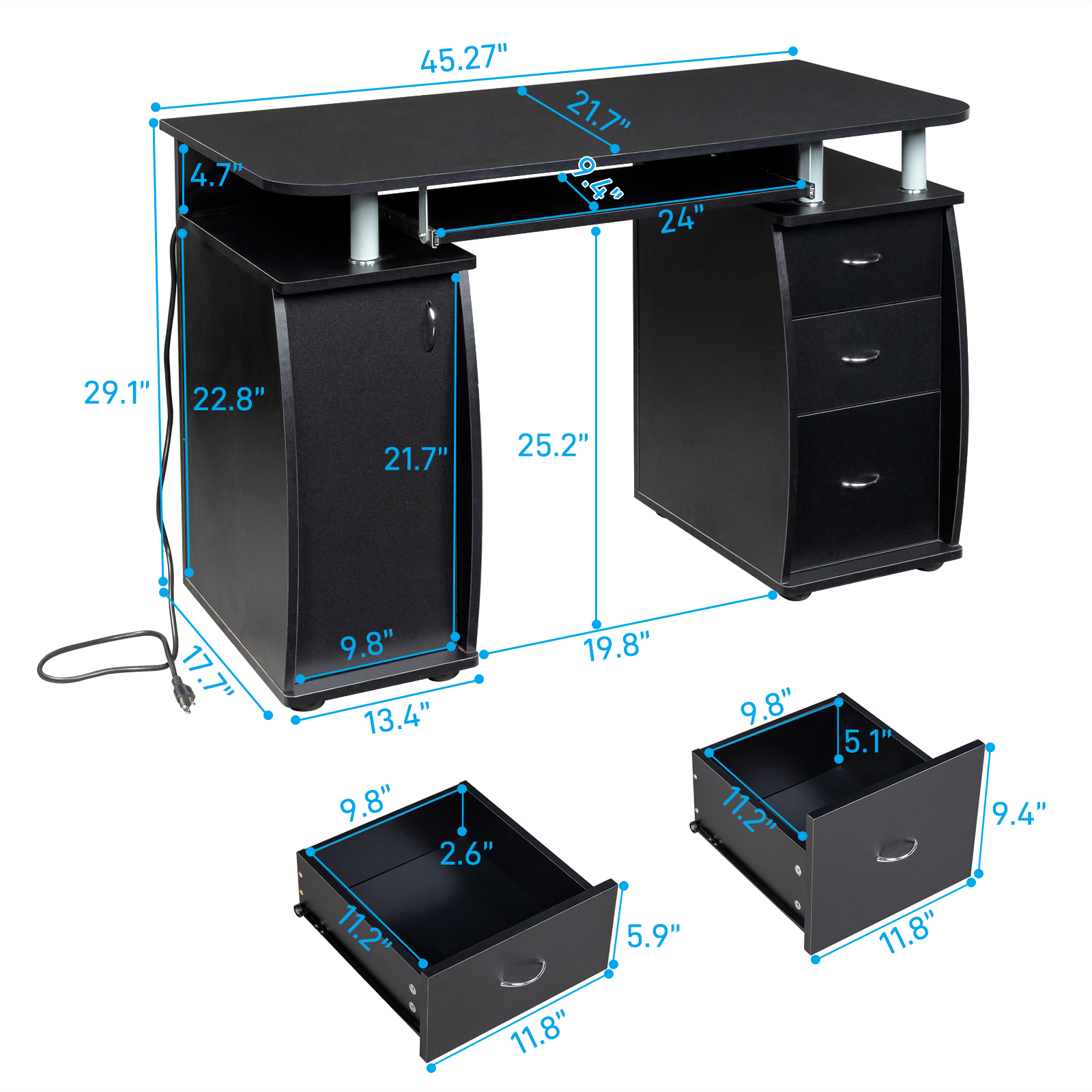 Computer Desk PC Laptop Writing Table Workstation with 3 Drawer +Stroage Cabinet - Picture 15 of 23