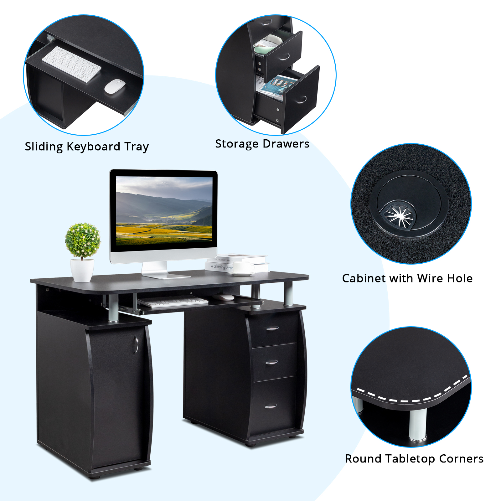 Computer Desk PC Laptop Writing Table Workstation with 3 Drawer +Stroage Cabinet - Picture 14 of 23