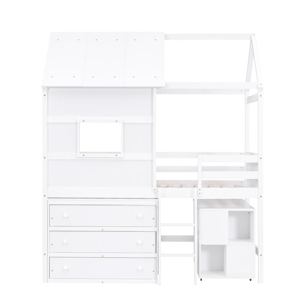 Twin Size House Loft Bed with Storage Desk and 3 Drawer Chest