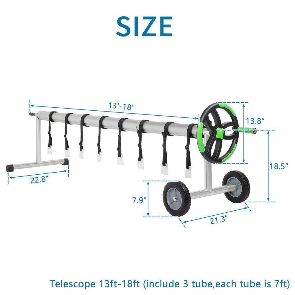 18Ft Solar Swimming Pool Cover Reel Aluminum Pipe with 2 Wheels Black/Green
