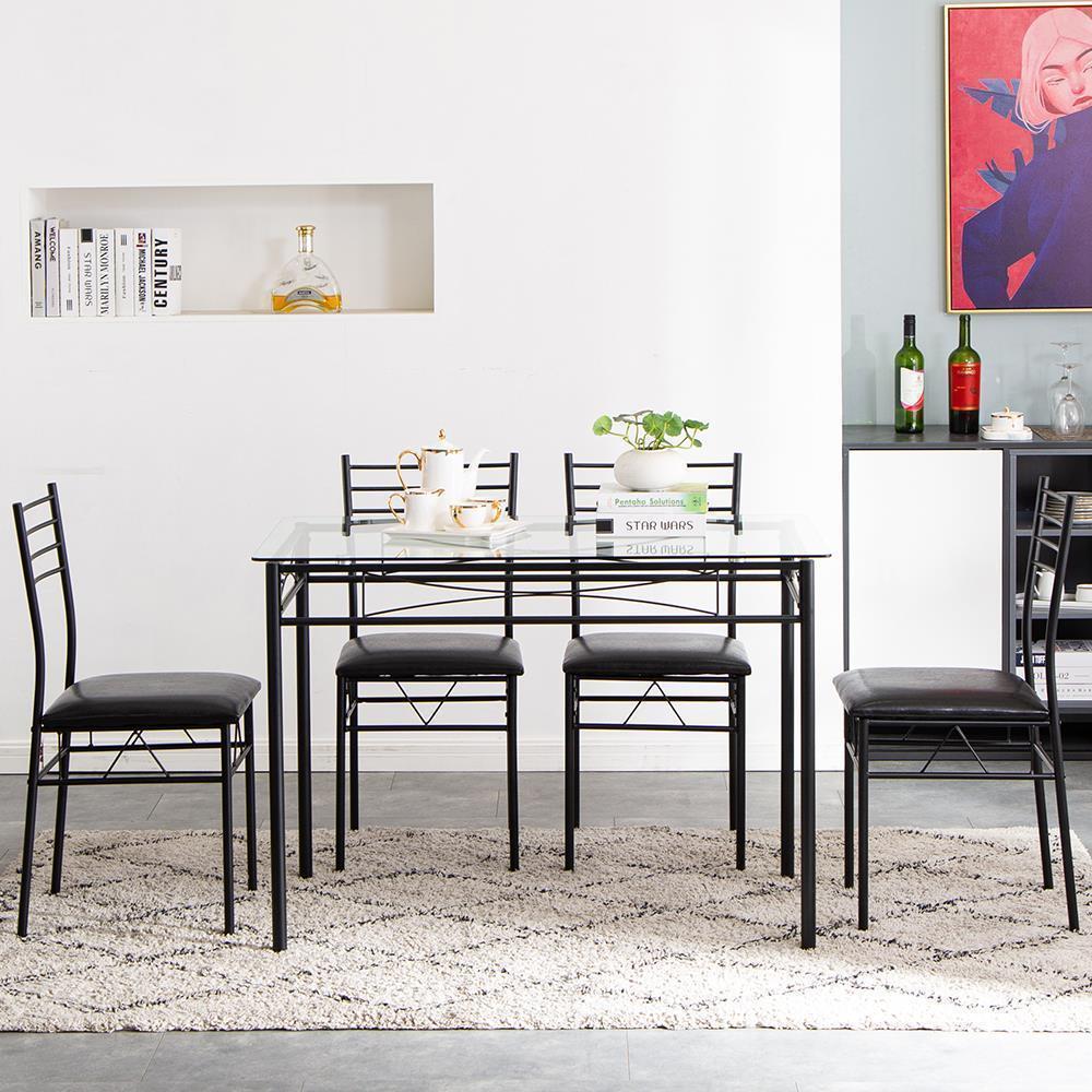 5 Piece Glass Dining Table Set 4 Chairs Kitchen Room Breakfast Black/Silver NEW - Picture 8 of 8