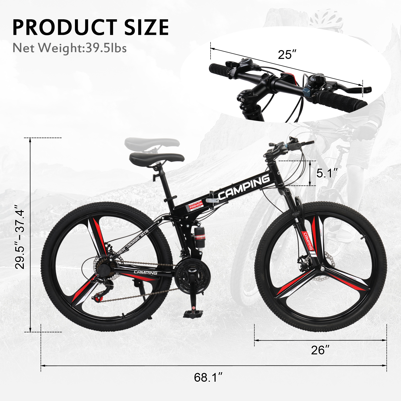 26 Inch Folding Mountain Bike Shimanos 21 Speed Bicycle Full
