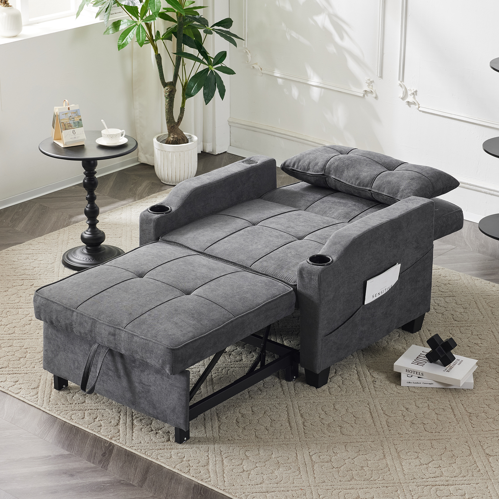 5 Colors 3 in 1 Pull Out Chair + USB Ports & Cup Holders Convertible Sofa Bed - Picture 20 of 28