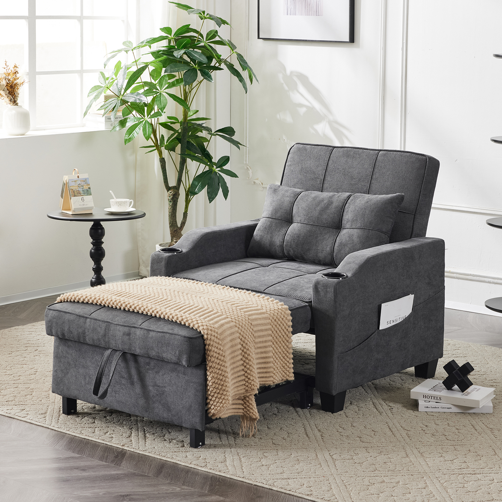3 in 1 Pull Out Chair + USB Ports & Cup Holders Sofa Bed 110°-180° Reclining - Picture 25 of 28