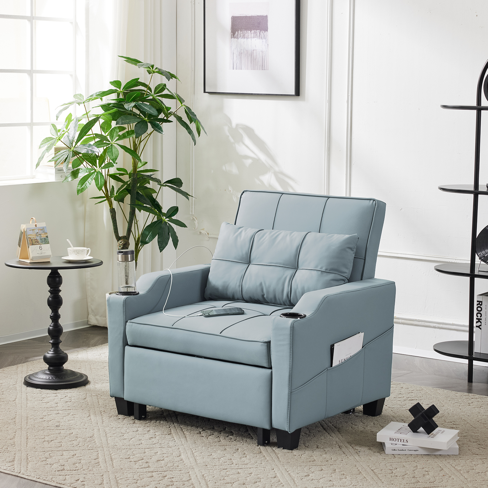 3 in 1 Pull Out Chair + USB Ports & Cup Holders Sofa Bed 110°-180° Reclining - Picture 27 of 28
