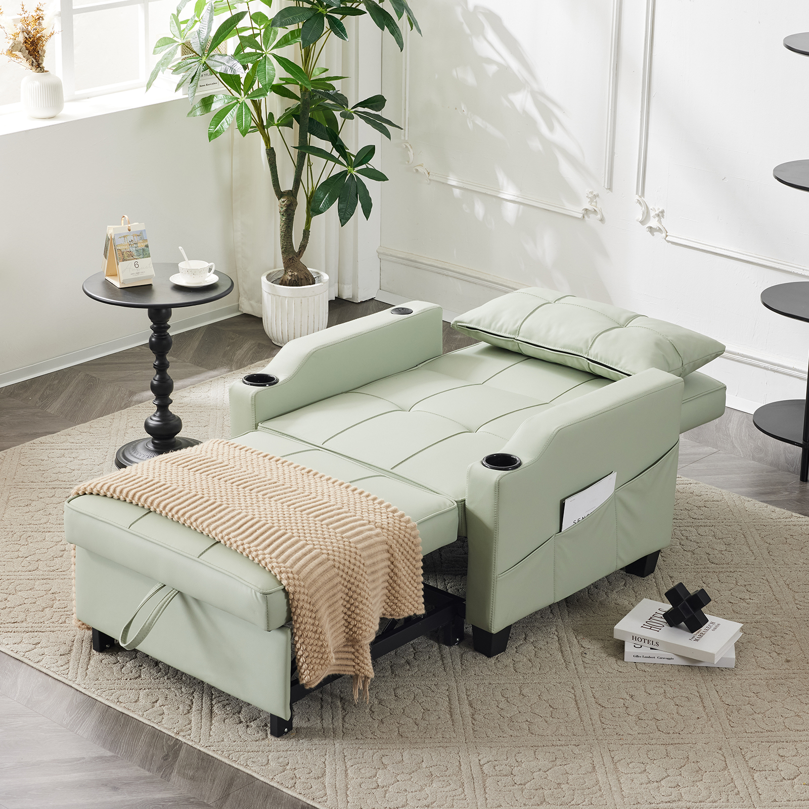 5 Colors 3 in 1 Pull Out Chair + USB Ports & Cup Holders Convertible Sofa Bed - Picture 25 of 28
