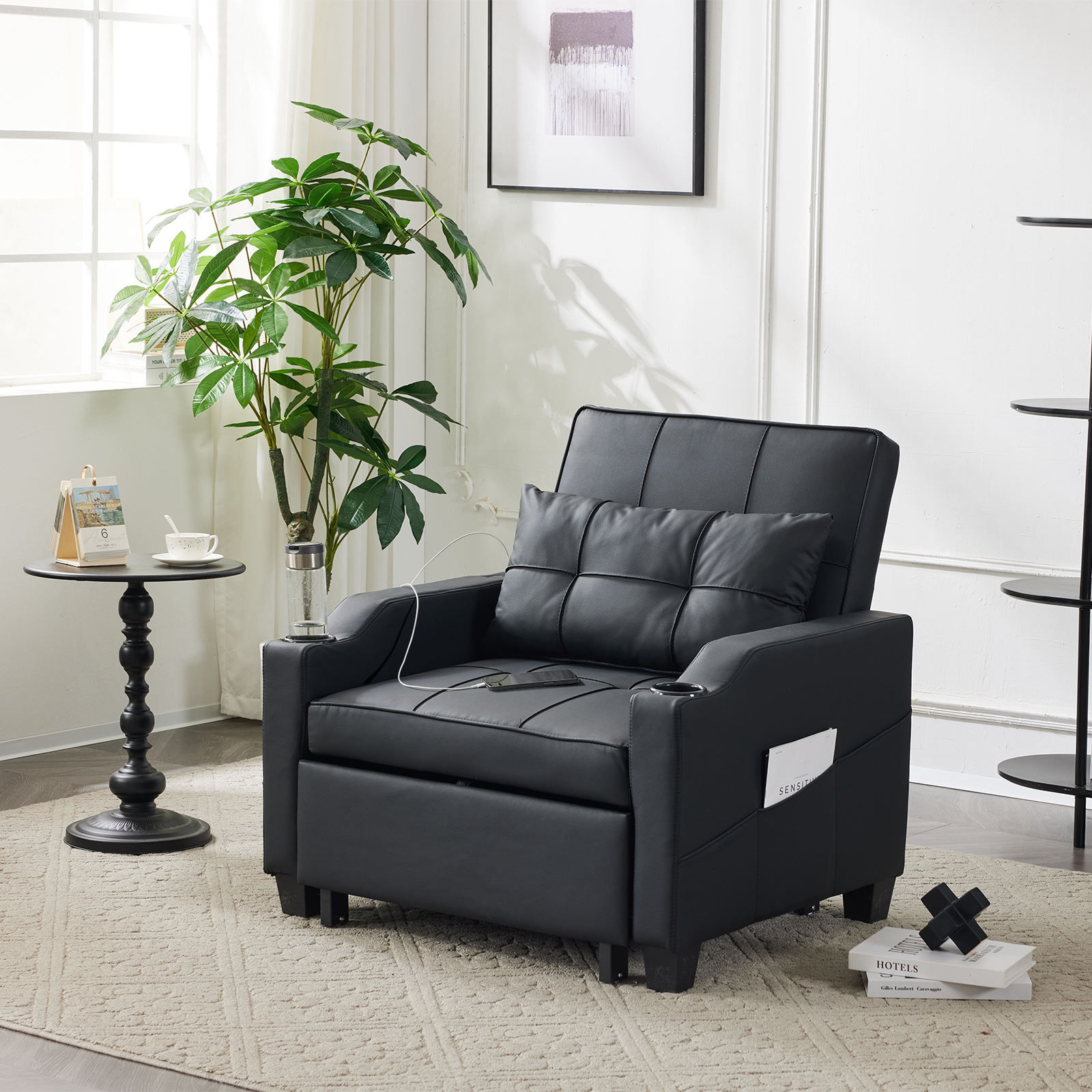 5 Colors 3 in 1 Pull Out Chair + USB Ports & Cup Holders Convertible Sofa Bed - Picture 26 of 28