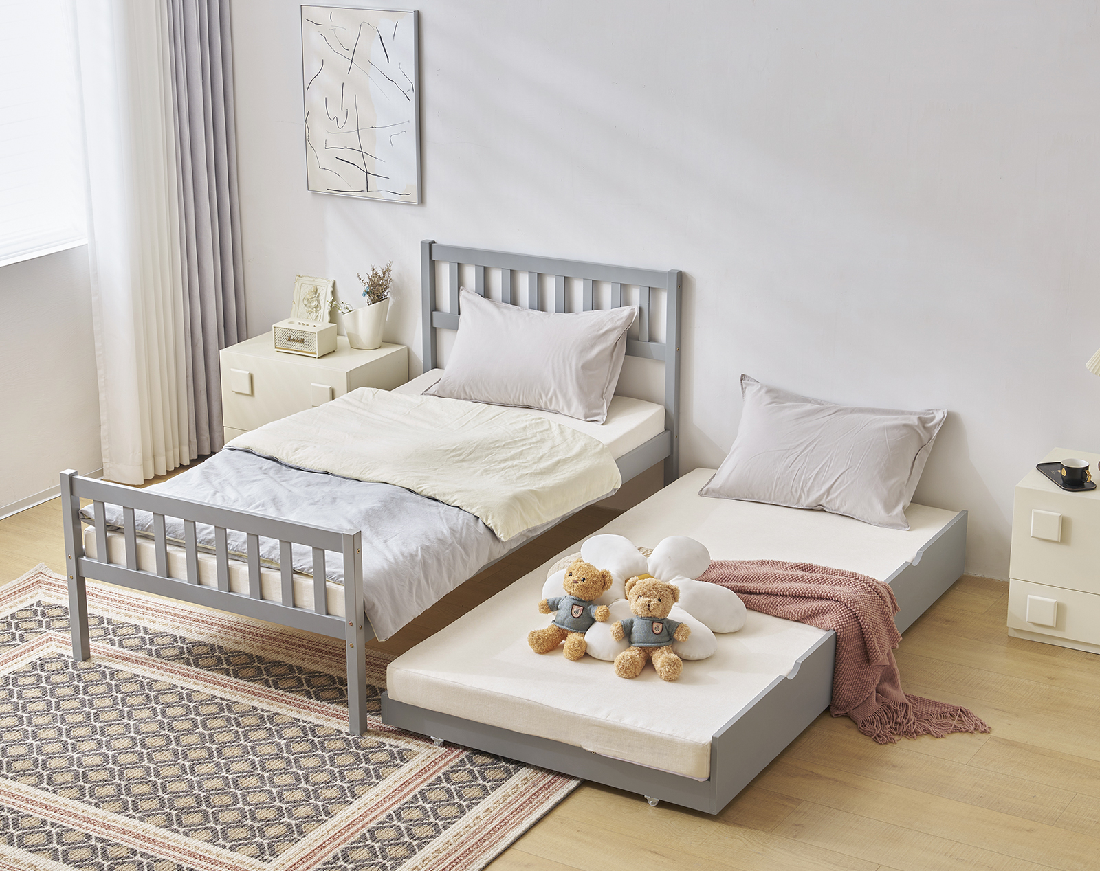 Twin Size Wood Trundle Bed Frame Wooden Slat Support Platform With Headboard - Picture 20 of 20