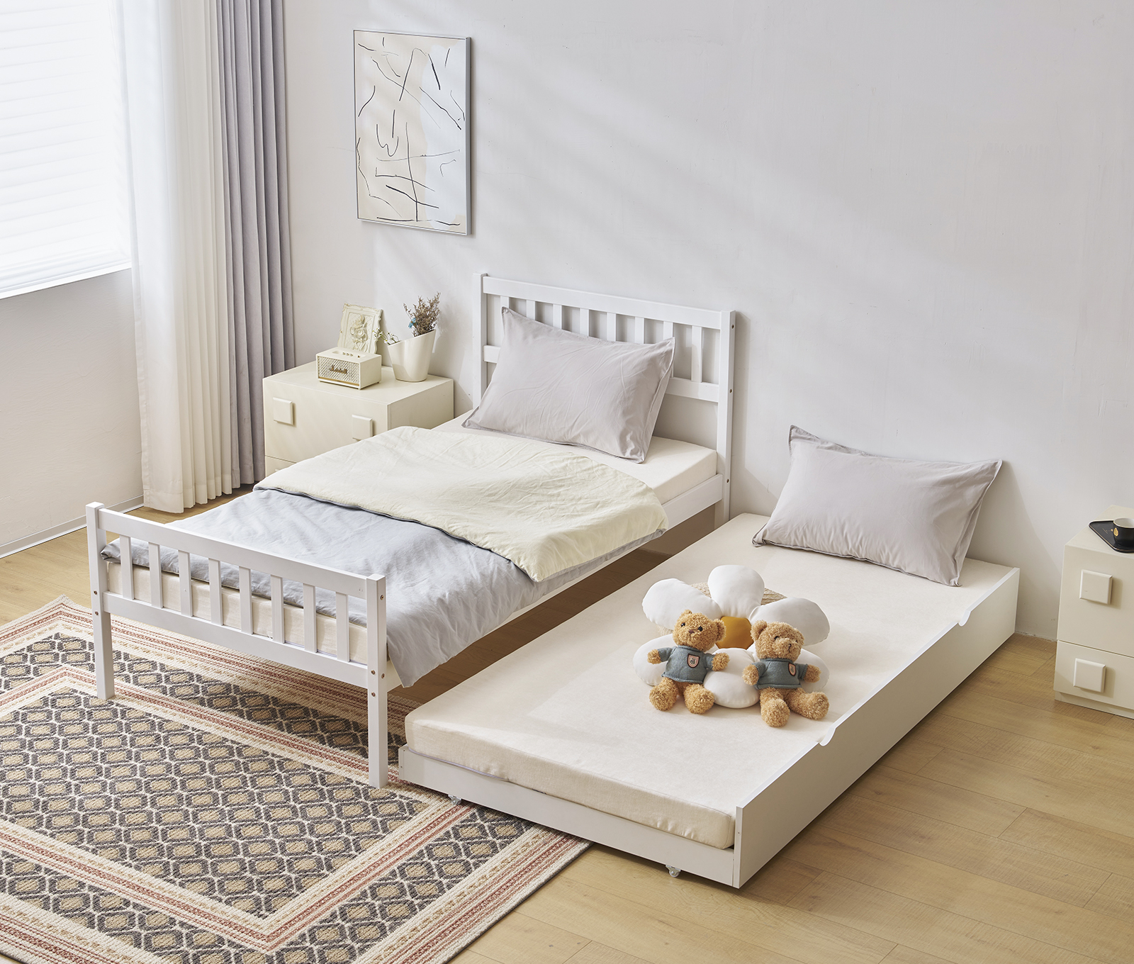 Twin Size Wood Trundle Bed Frame Wooden Slat Support Platform With Headboard - Picture 18 of 20