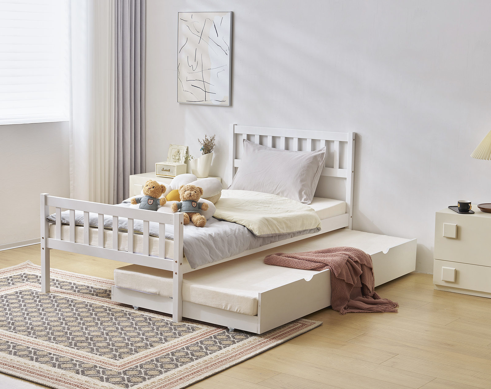 Twin Size Wood Trundle Bed Frame Wooden Slat Support Platform With Headboard - Picture 19 of 20