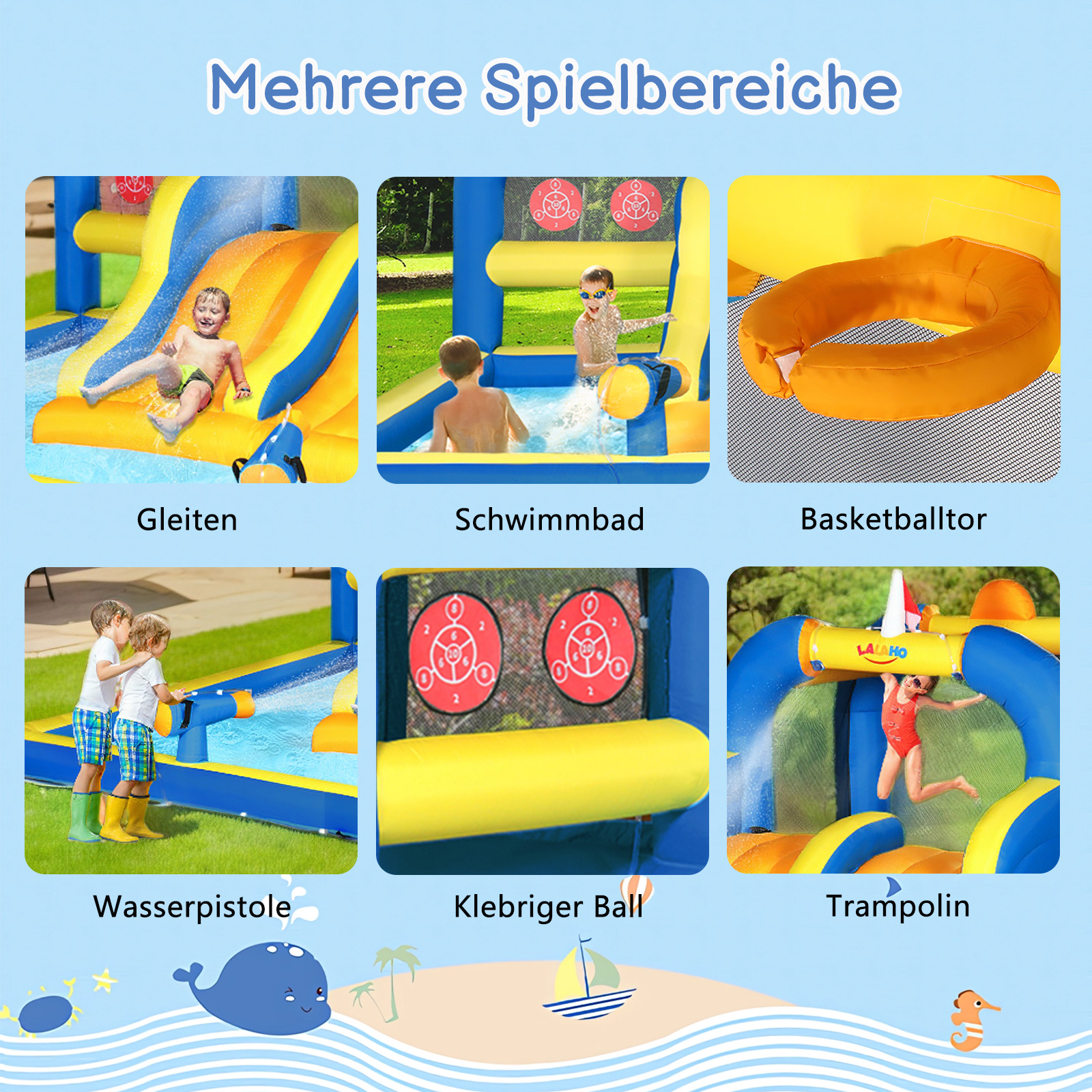 Hüpfburg Springburg Spielburg Wasserschloss mit Rutsche Gebläse Große Spielzone