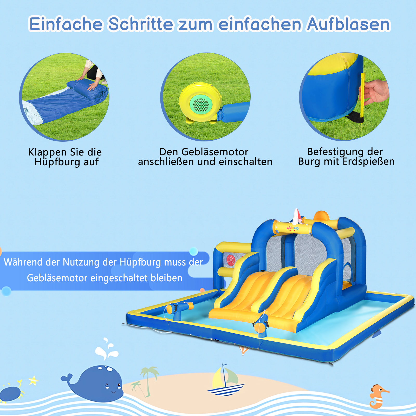 Hüpfburg Springburg Spielburg Wasserschloss mit Rutsche Gebläse Große Spielzone