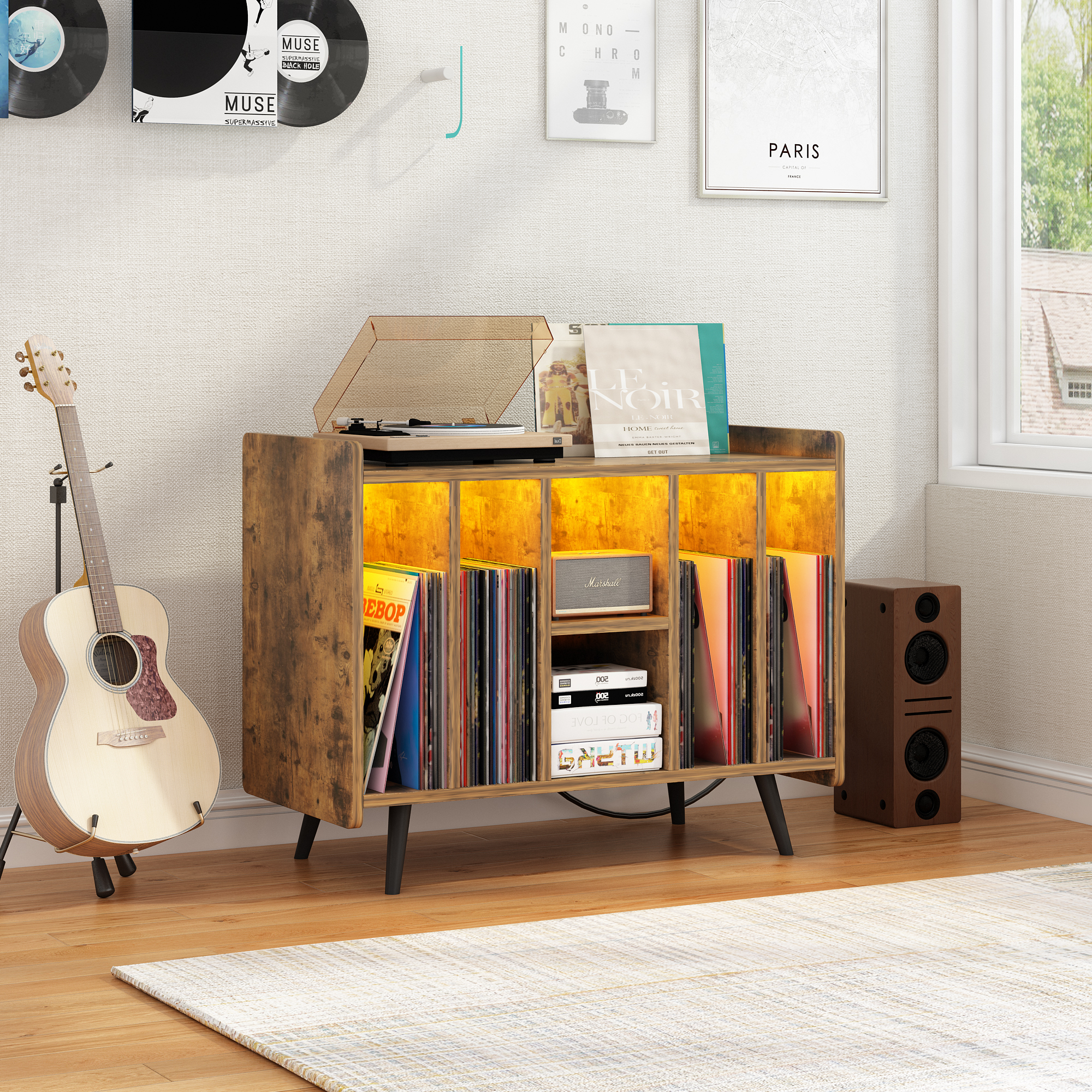 FCH Vinyl Record Player Stand Cabinet w/ Power Charging Station for Living Room