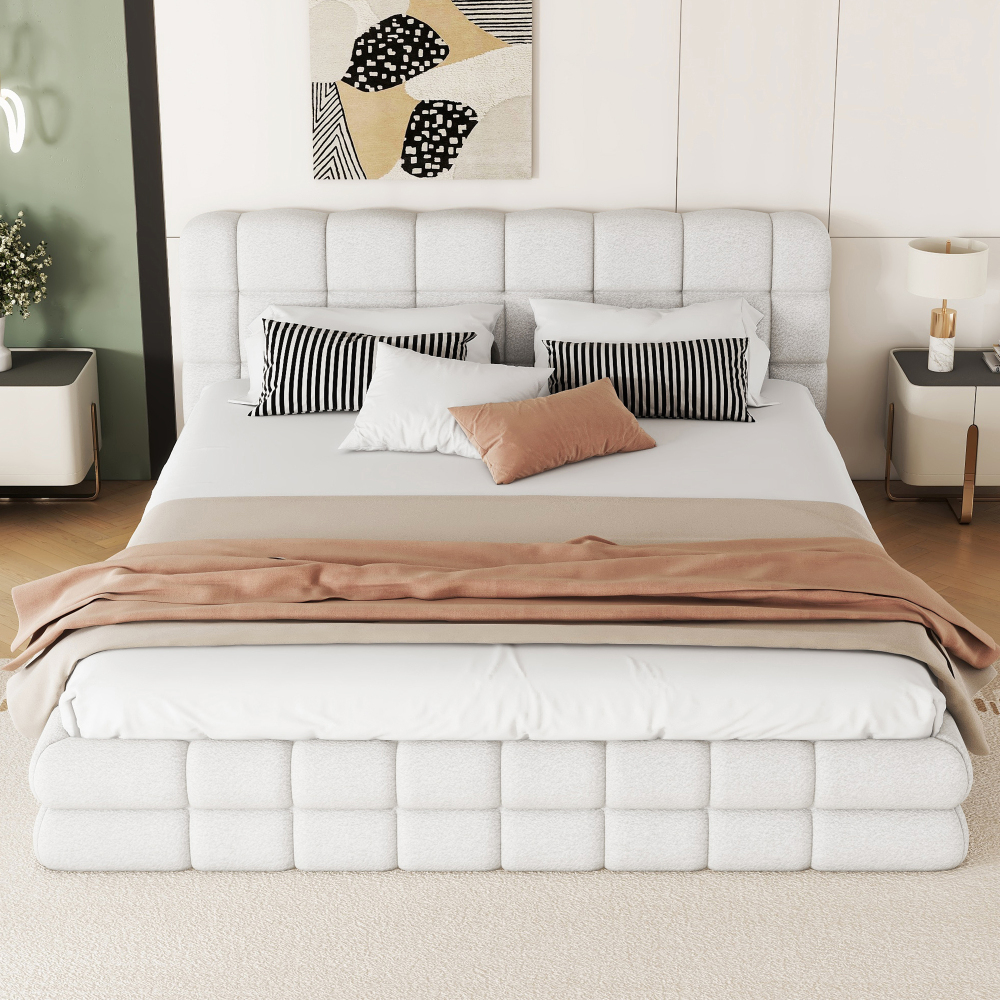 Solid Pine Wood+MDF Frame Queen Size Upholstered Platform Bed with Headboard