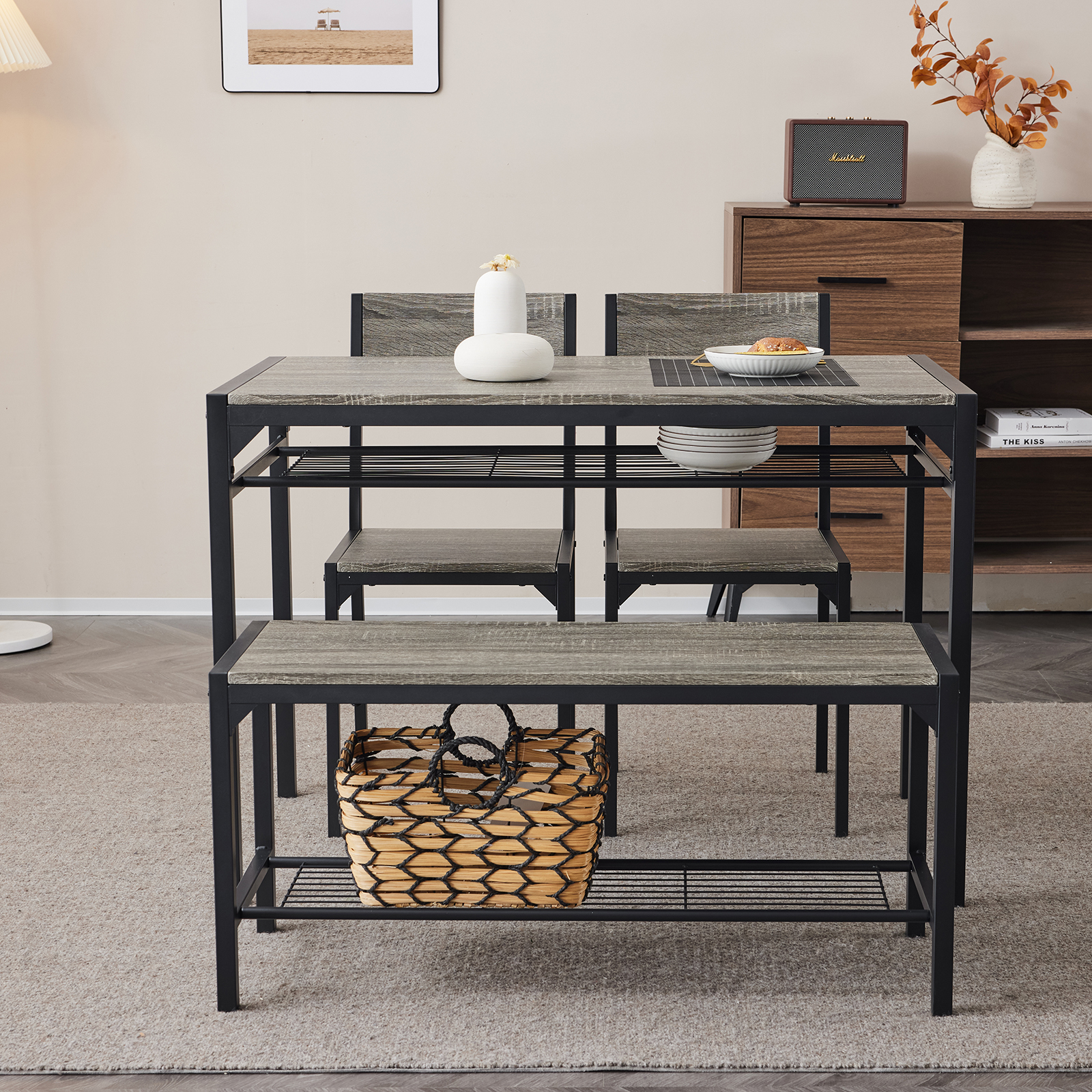 Person Dining Table Set 4 Kitchen Table Bench and 2 Chairs Industrial Gathering - Picture 29 of 33