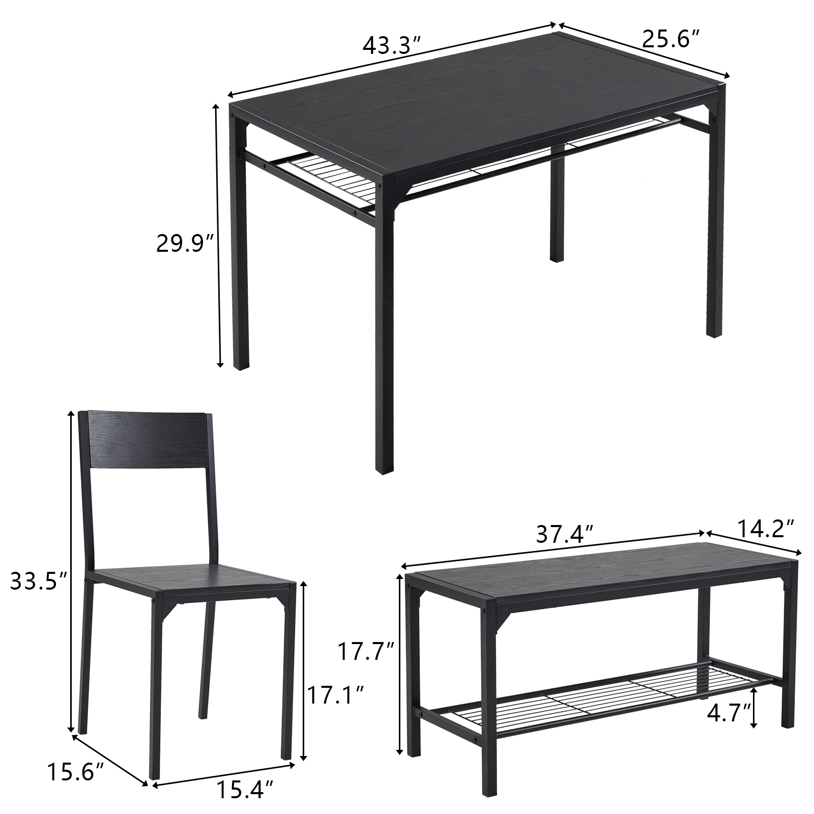 4 Piece Kitchen Dining Table Set for 4, Bench and 2 Chairs Industrial Gathering - Picture 25 of 34