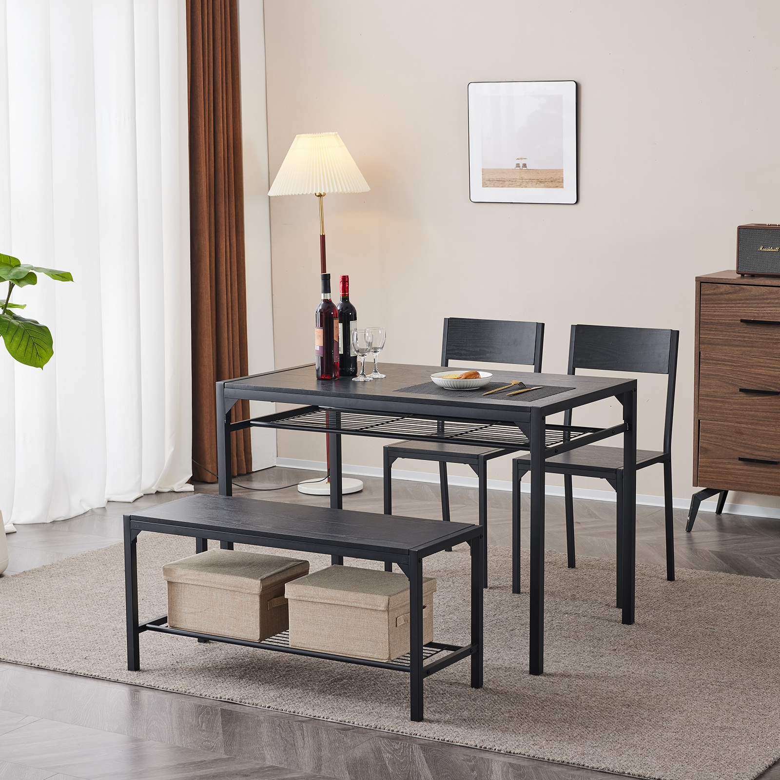 4 Piece Kitchen Dining Table Set for 4, Bench and 2 Chairs Industrial Gathering - Picture 26 of 34