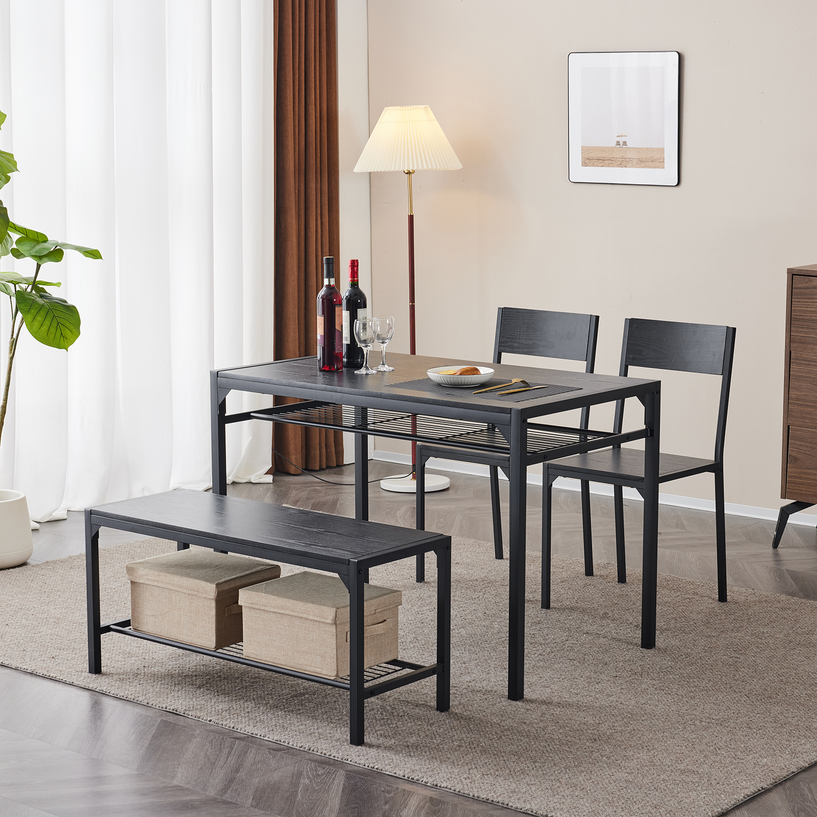 4 Piece Kitchen Dining Table Set for 4, Bench and 2 Chairs Industrial Gathering - Picture 27 of 34