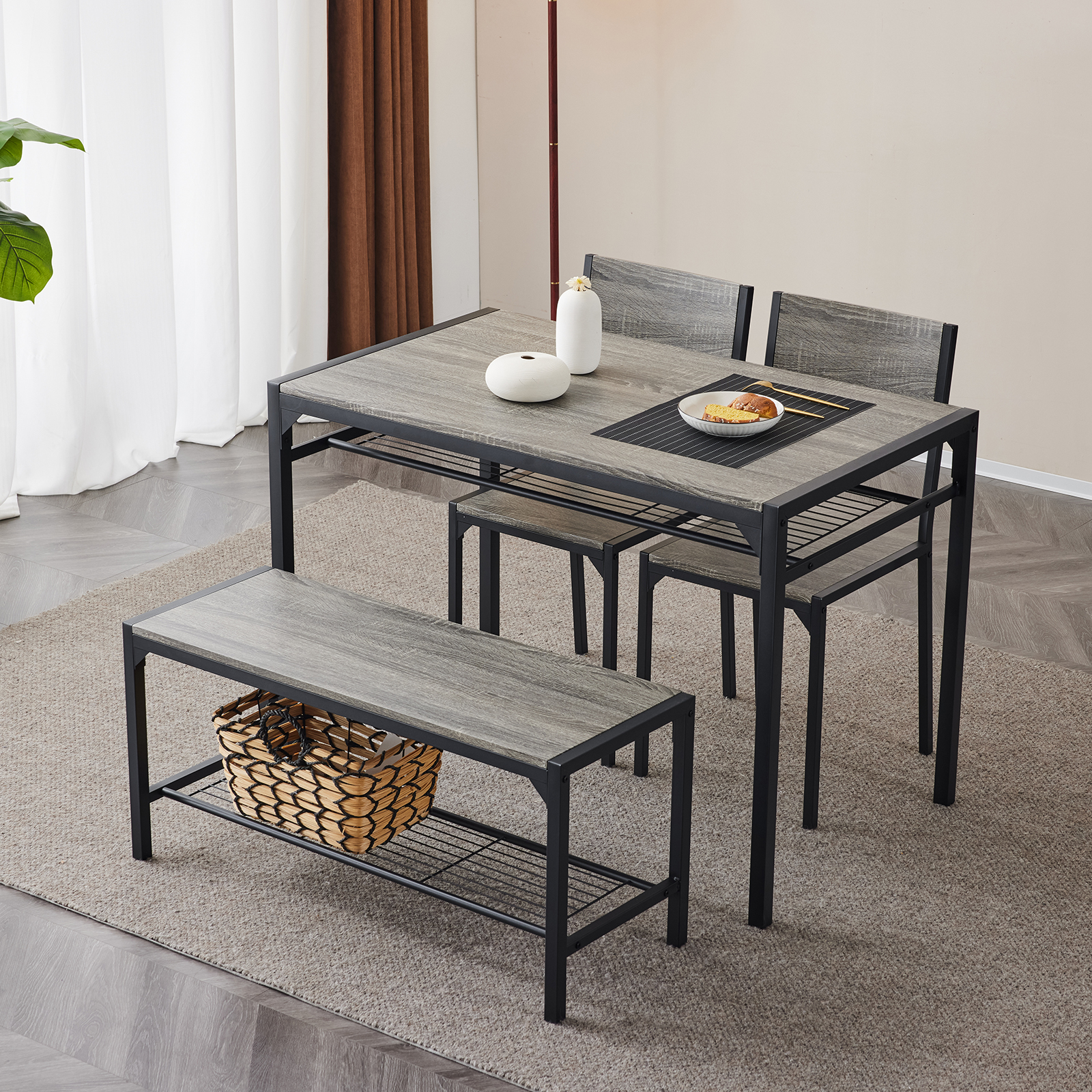 4 Piece Kitchen Dining Table Set for 4, Bench and 2 Chairs Industrial Gathering - Picture 29 of 34