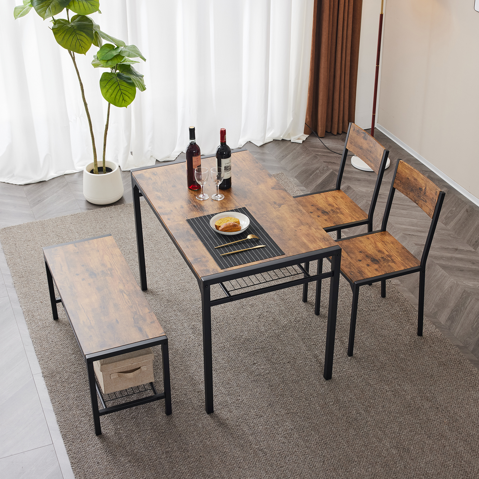 4 Piece Kitchen Dining Table Set for 4, Bench and 2 Chairs Industrial Gathering - Picture 32 of 34