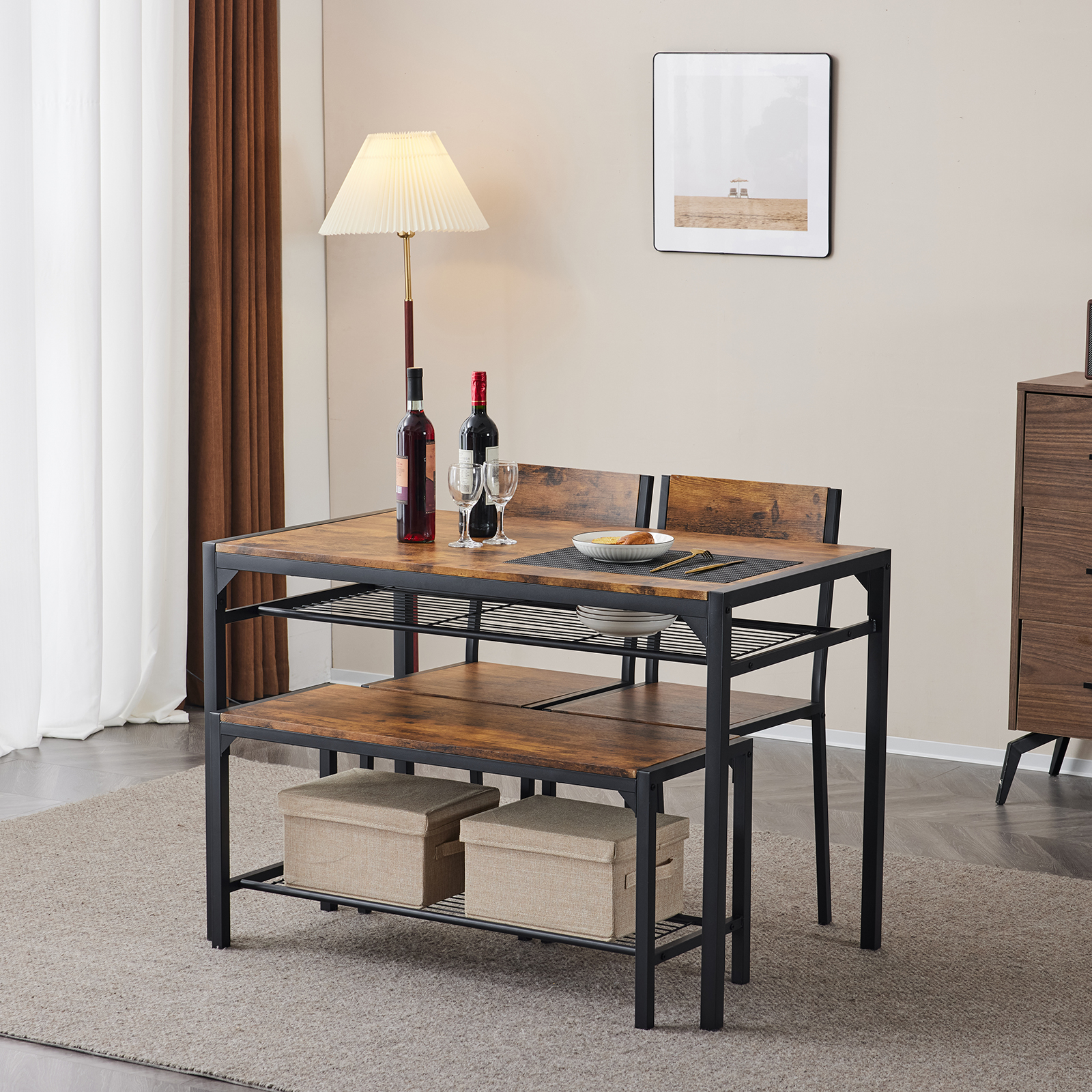 4 Piece Kitchen Dining Table Set for 4, Bench and 2 Chairs Industrial Gathering - Picture 33 of 34