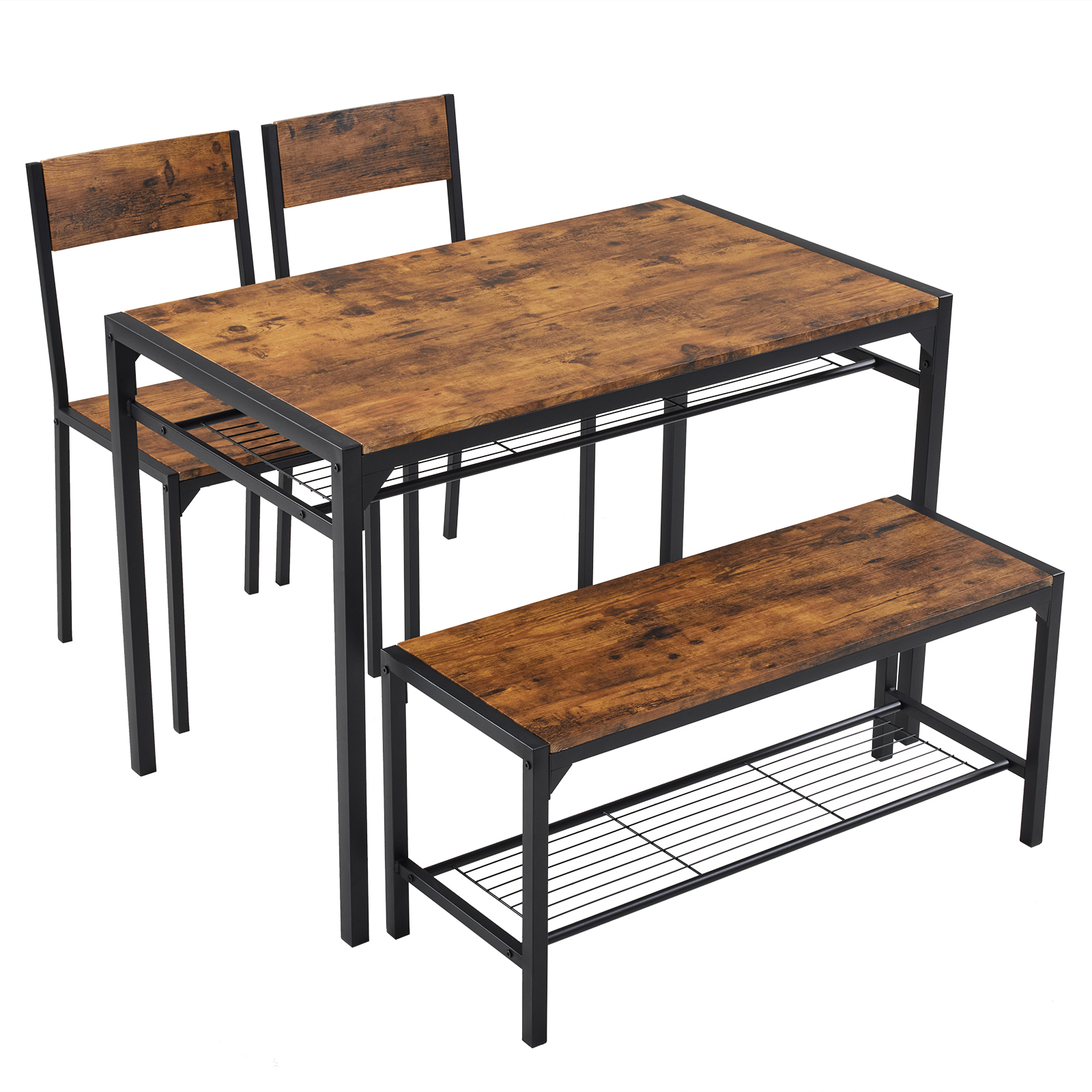 4 Piece Kitchen Dining Table Set for 4, Bench and 2 Chairs Industrial Gathering - Picture 34 of 34