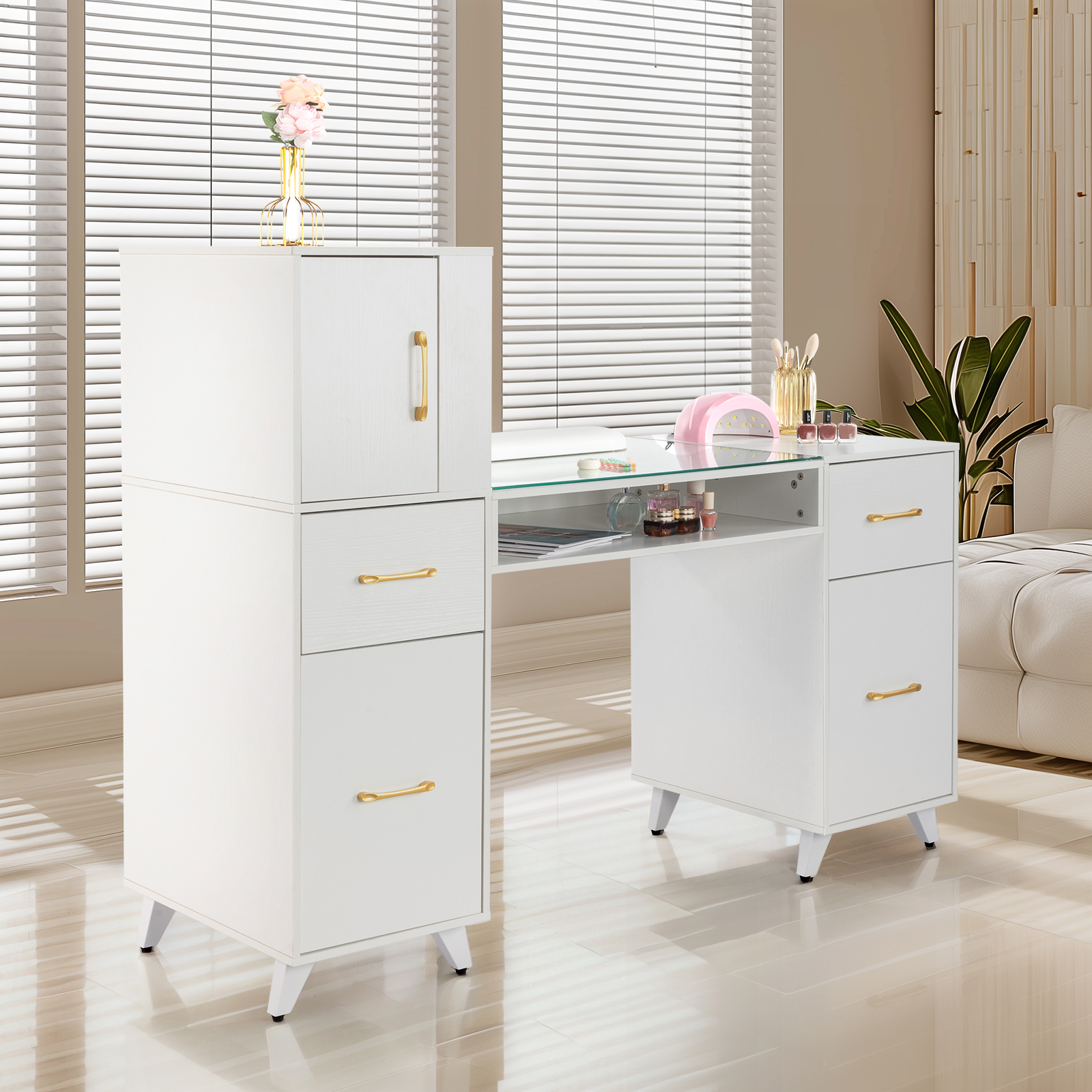 Manicure Nail Table Desk Spa Salon Beauty Station Equipment w/ Drawers + Cabinet - Picture 24 of 38