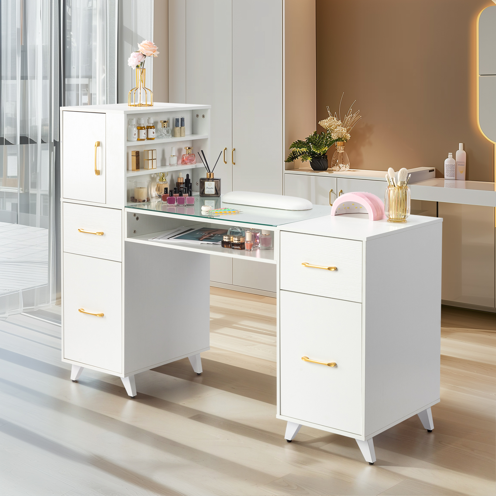Manicure Nail Table Desk Spa Salon Beauty Station Equipment w/ Drawers + Cabinet - Picture 26 of 38