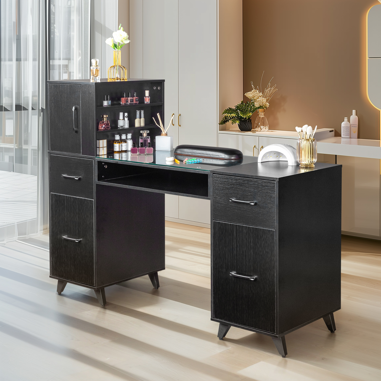 Manicure Nail Table Desk Spa Salon Beauty Station Equipment w/ Drawers + Cabinet - Picture 33 of 38