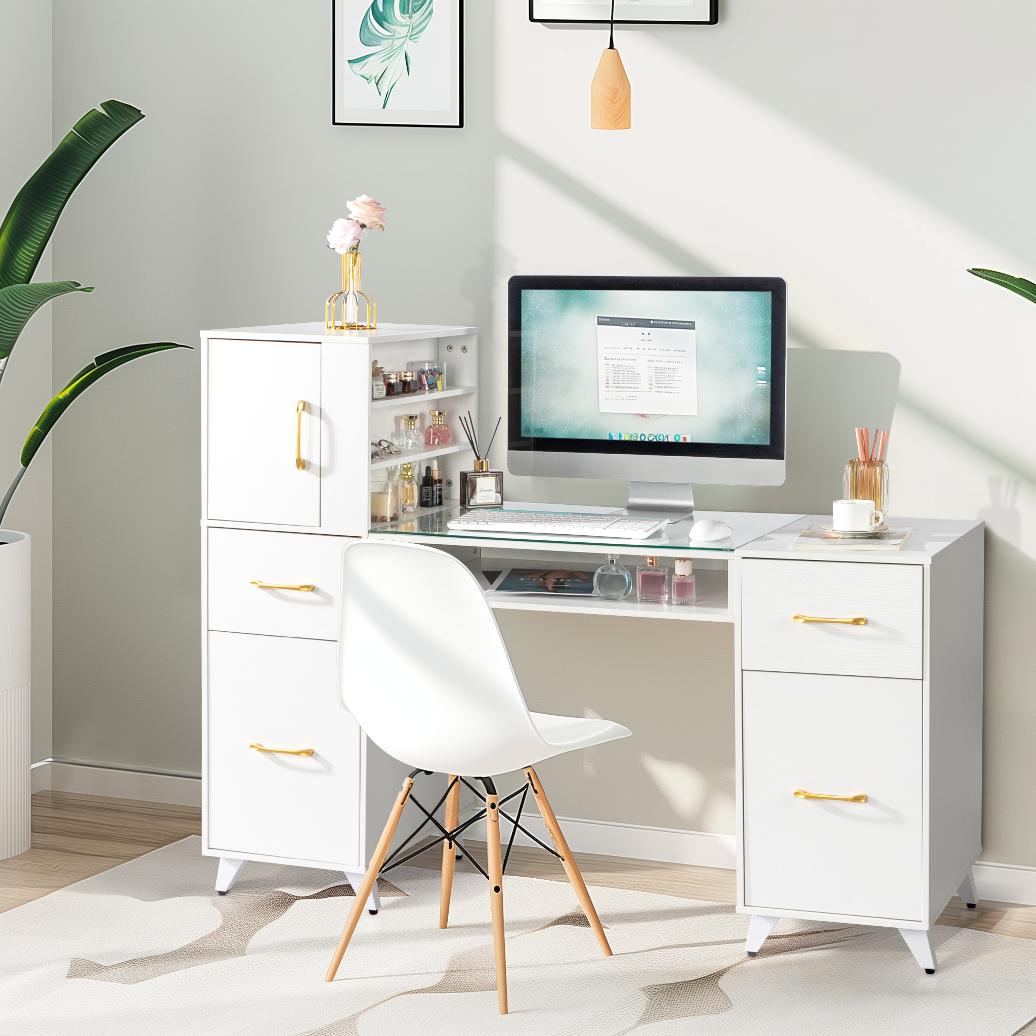 Beauty Salon Manicure Table Glass Top Desk Makeup Dressing Station Computer Desk
