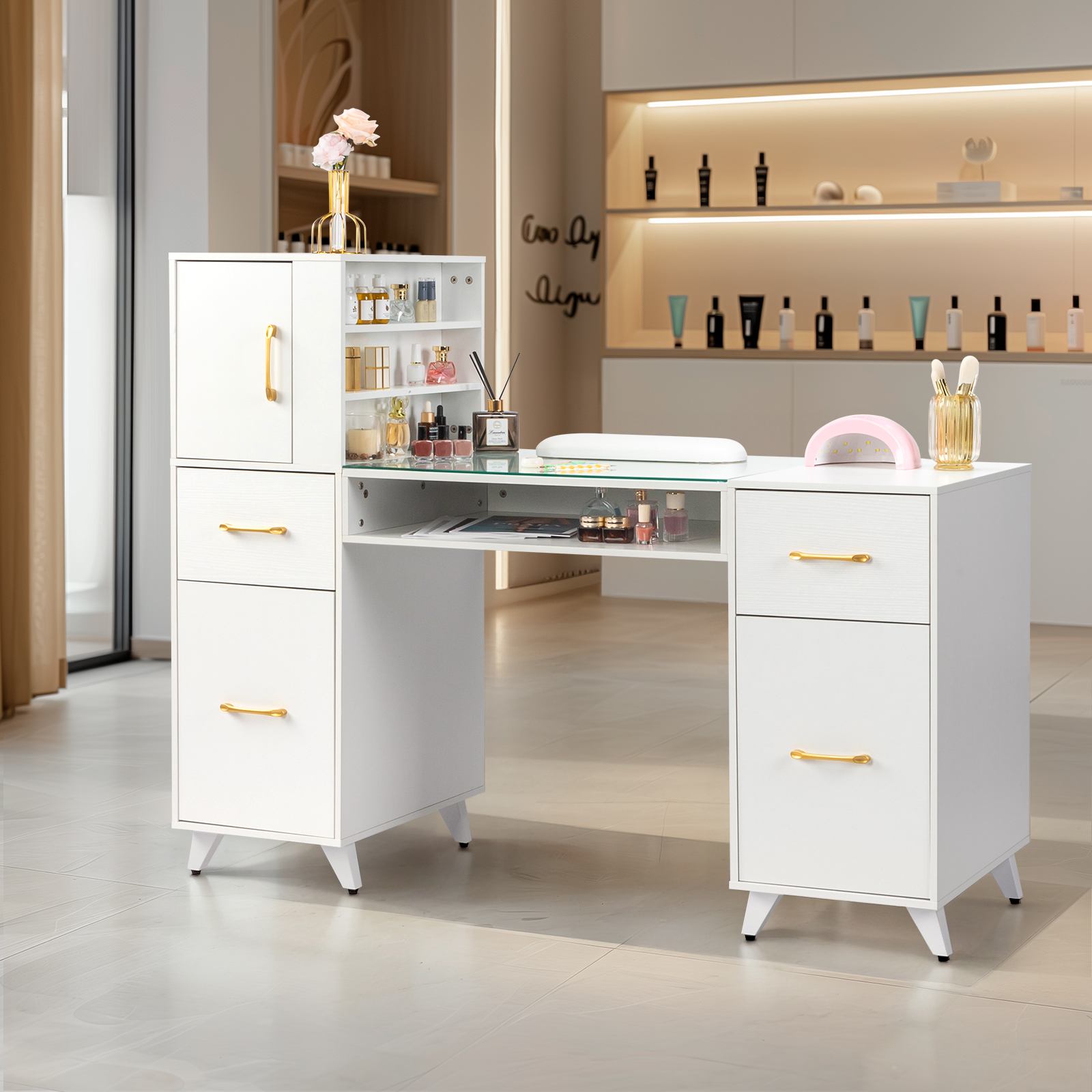 Glass Top Office Desk Makeup Dressing Station with Storage Cabinets Beauty Salon