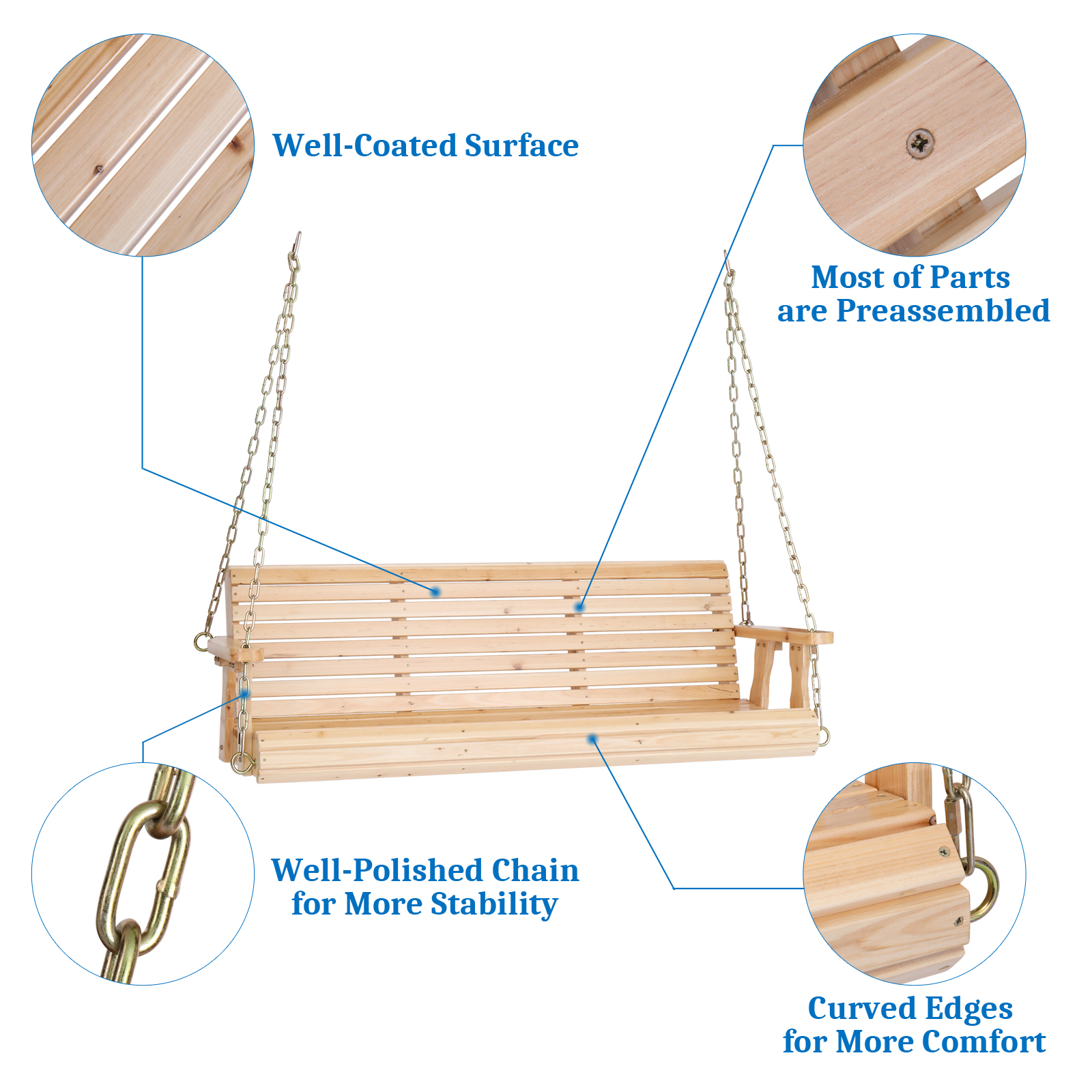 Heavy Duty 880 LBS 5FT Patio Wooden Porch Swing with Hanging Chains for Yard