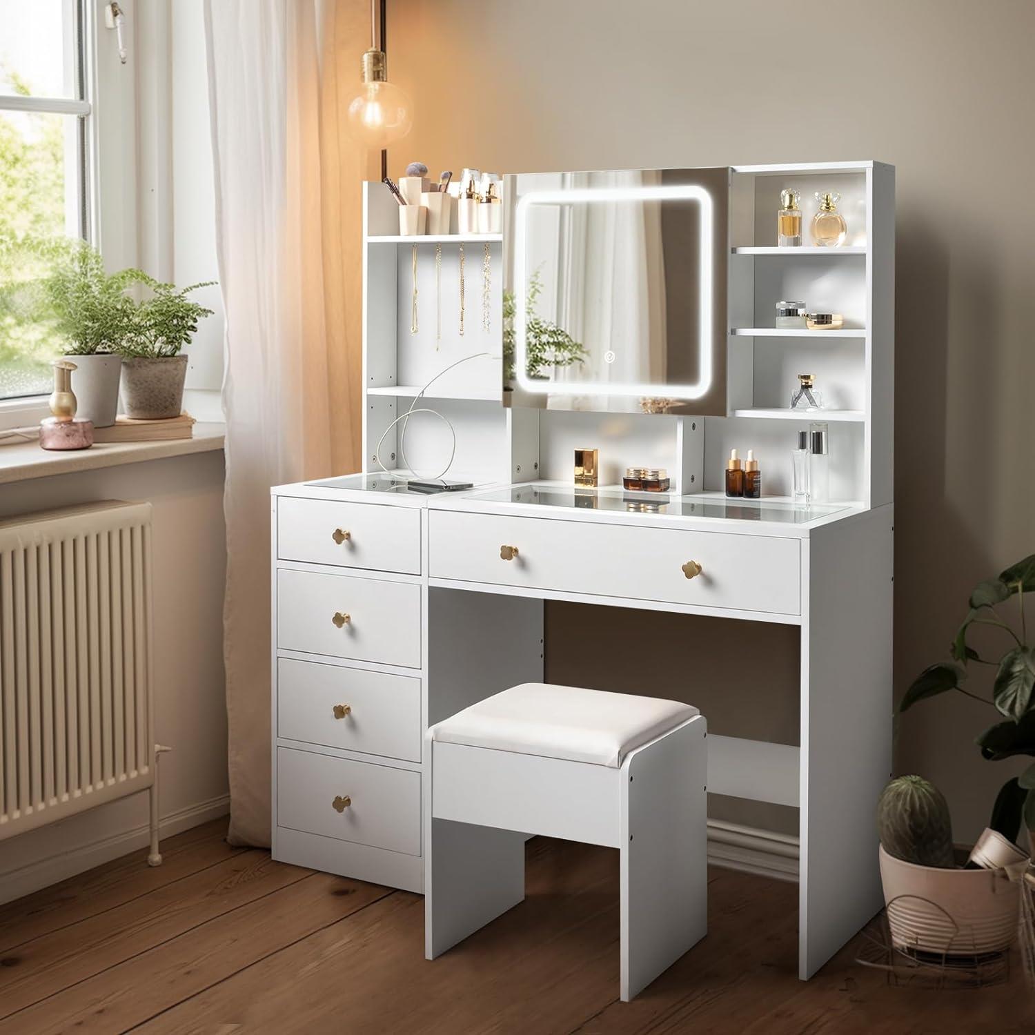 Large Vanity Set with Led Lighted Mirror & Charging Station Woman Dressing Table