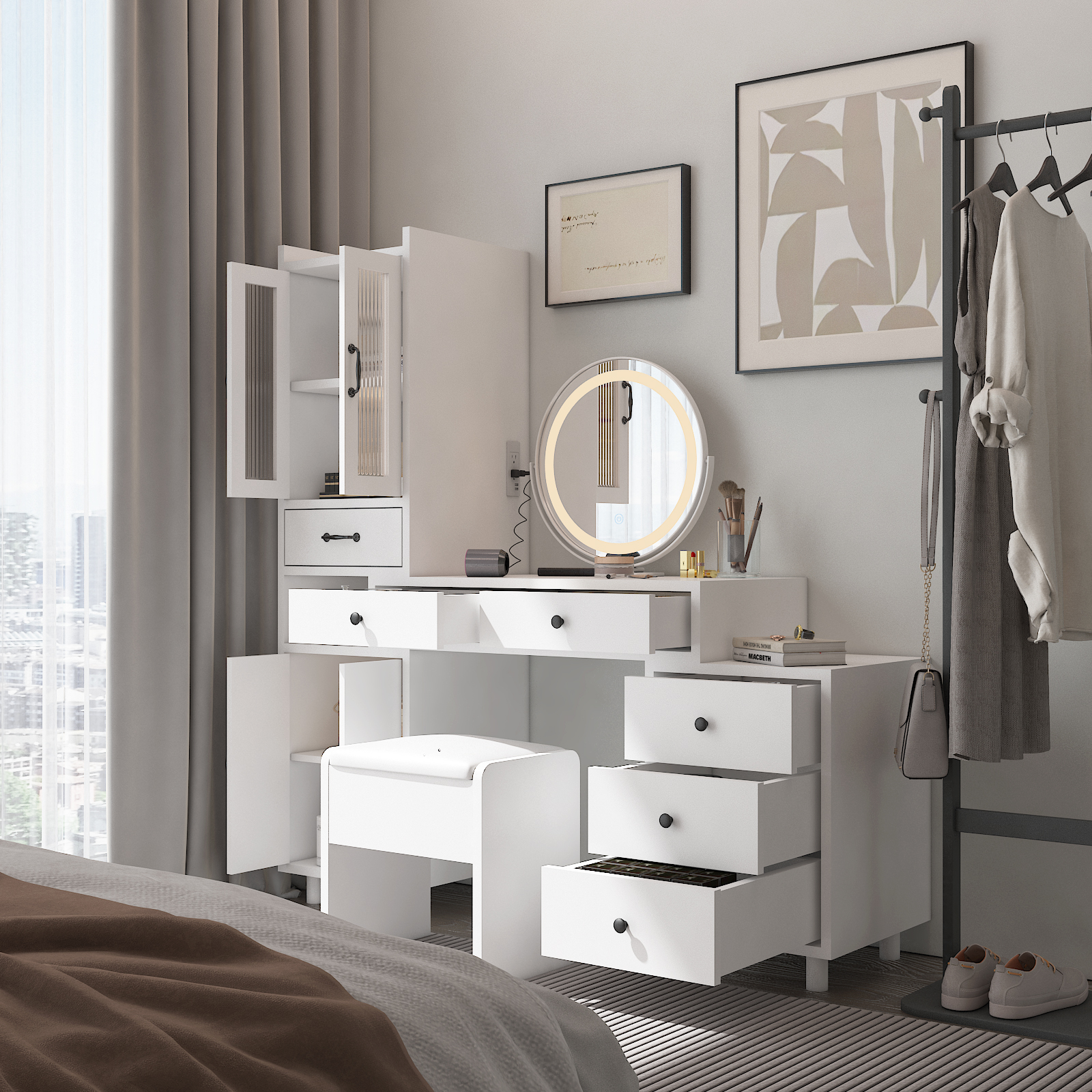 Vanity Set Storage Cabinet Makeup Vanity Table with Power Outlet for Bedroom