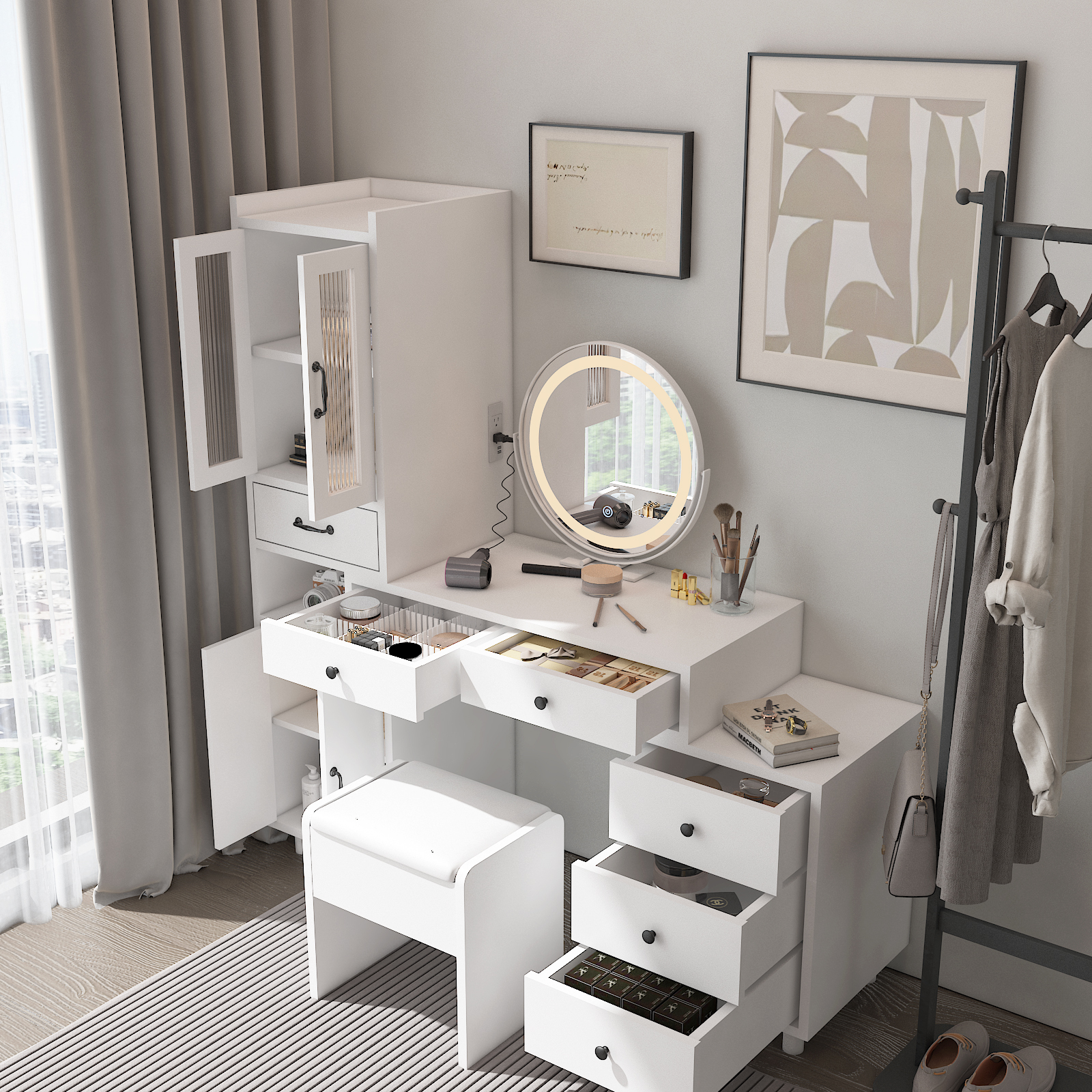 Vanity Set Storage Cabinet Makeup Vanity Table with Power Outlet for Bedroom