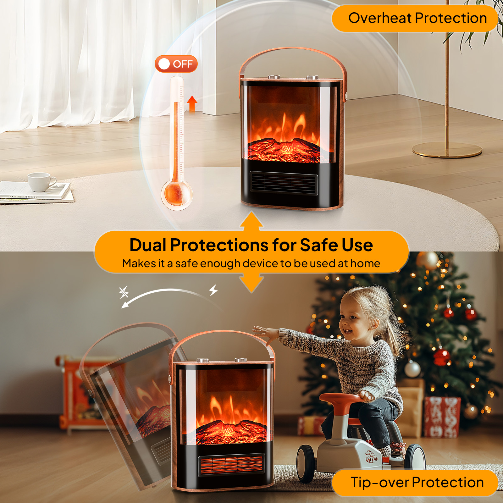 Electric Fireplace w/ Realistic Flame, 1500W Portable Freestanding Space Heater